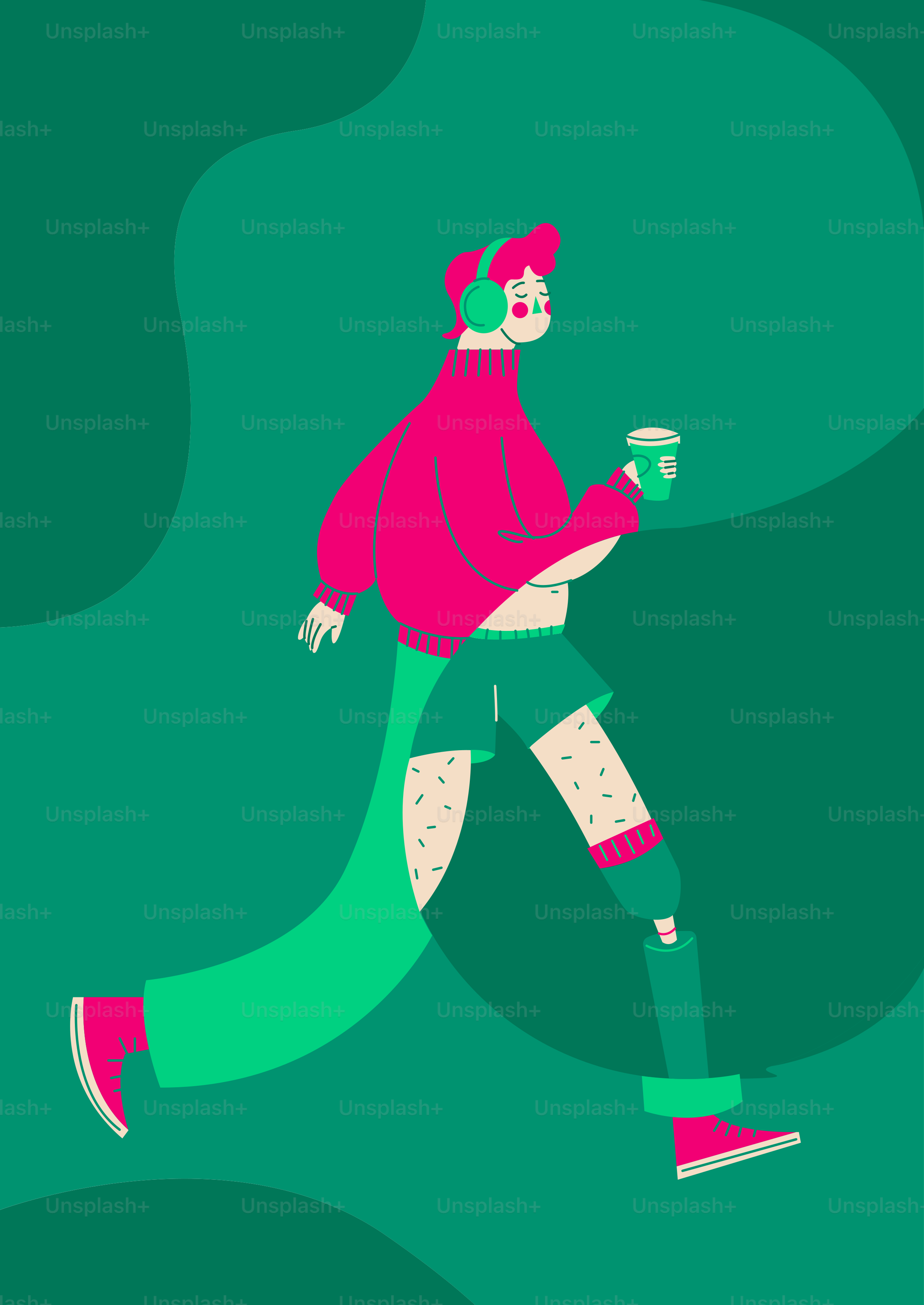 Una donna che corre con una tazza di caffè in mano