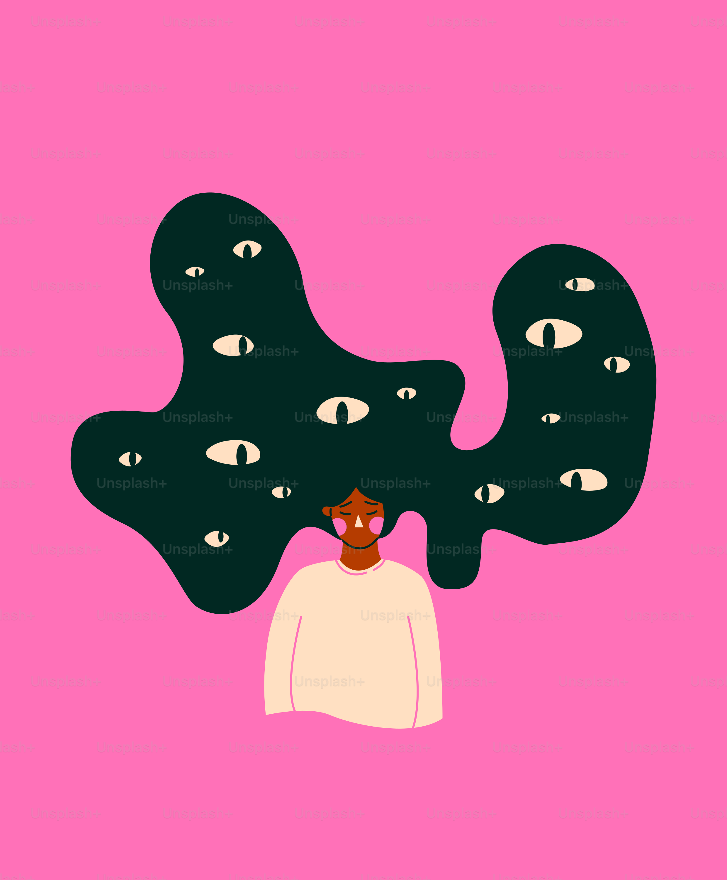 A woman with her head in her hands and eyes in her hair