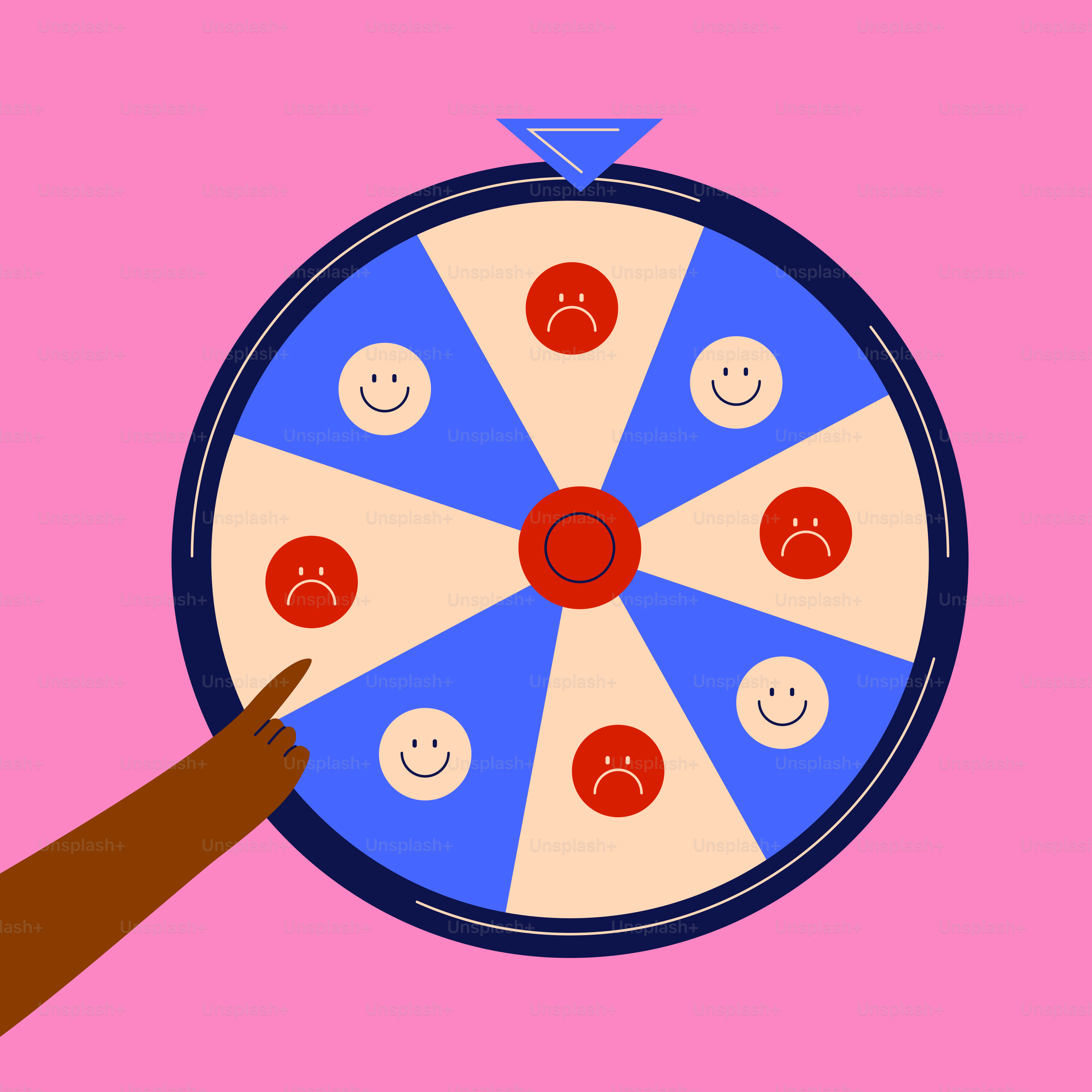 A person pointing at a wheel of fortune on a pink background