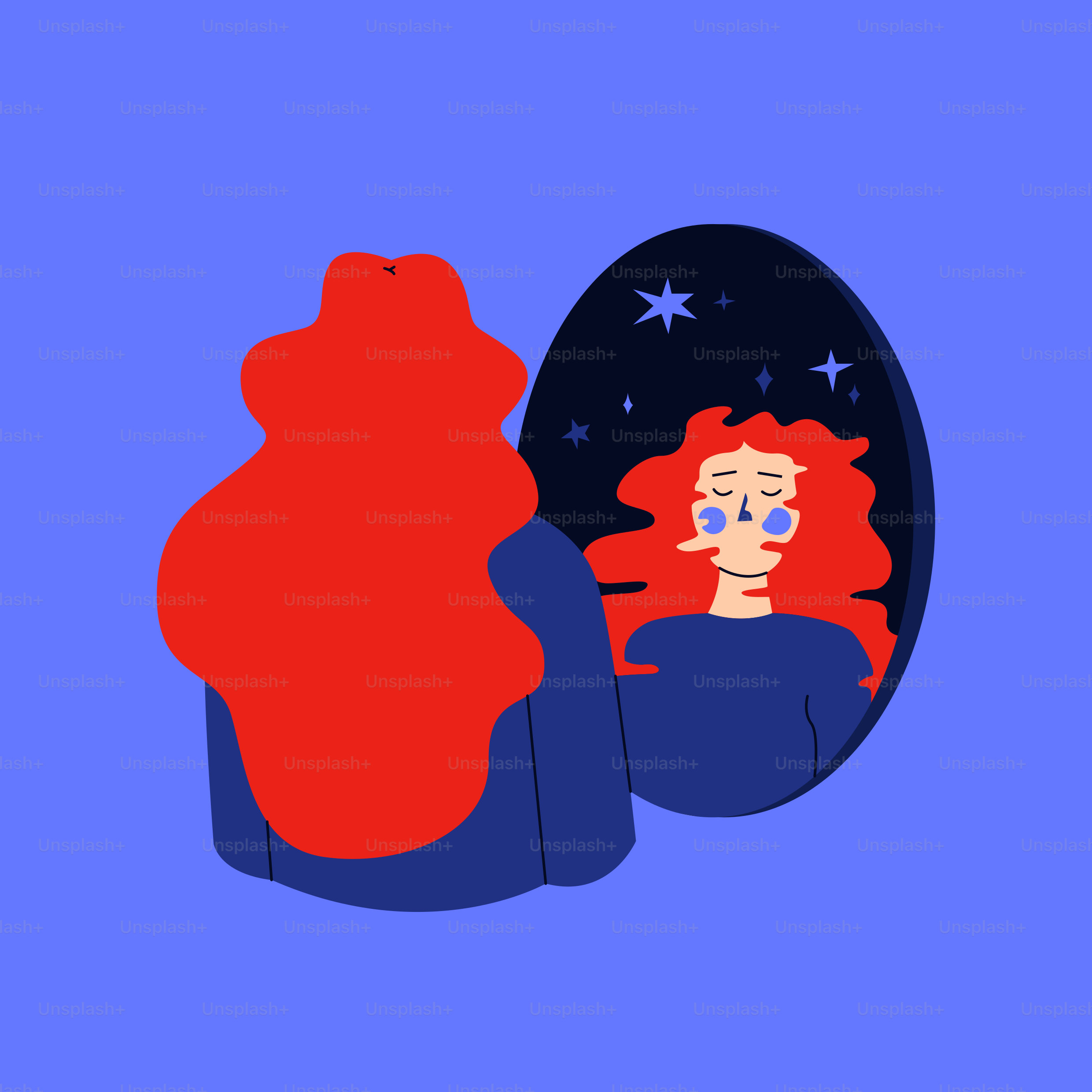 A woman with red hair sitting in front of an egg