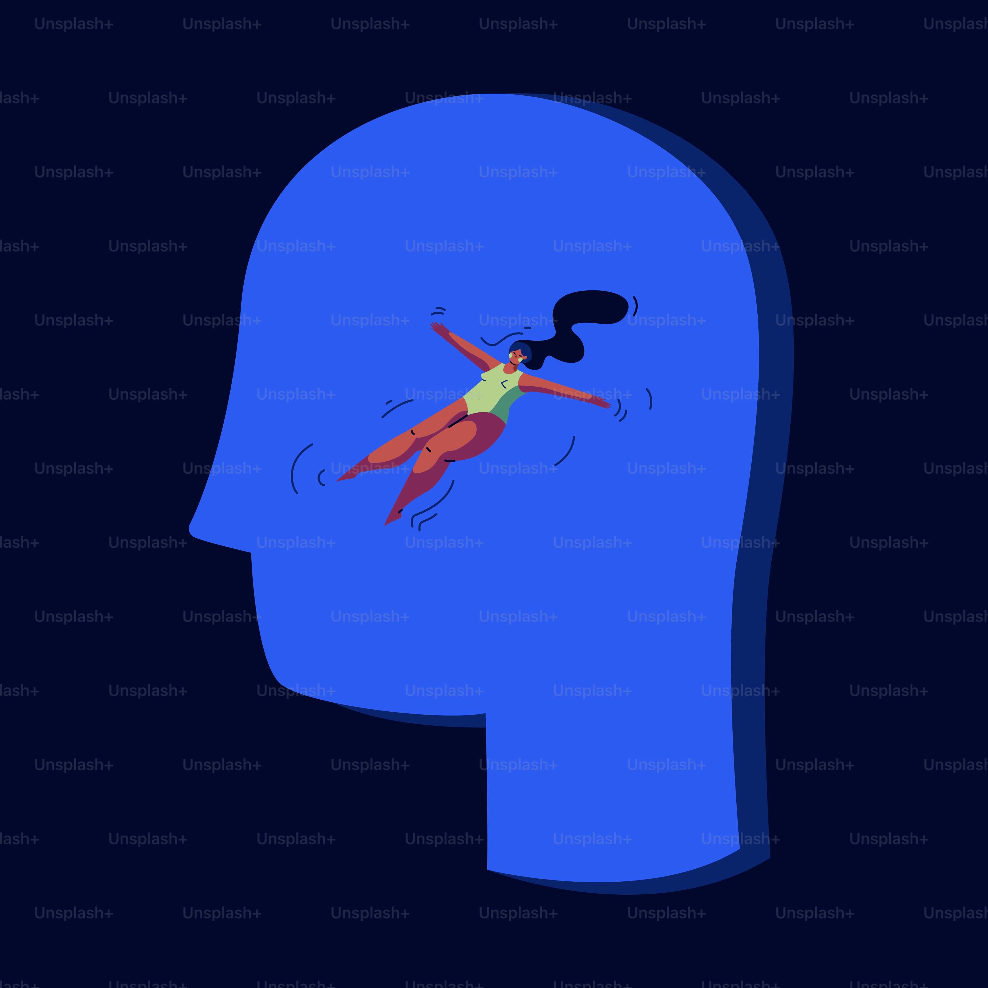 A person floating in the air in front of a blue head