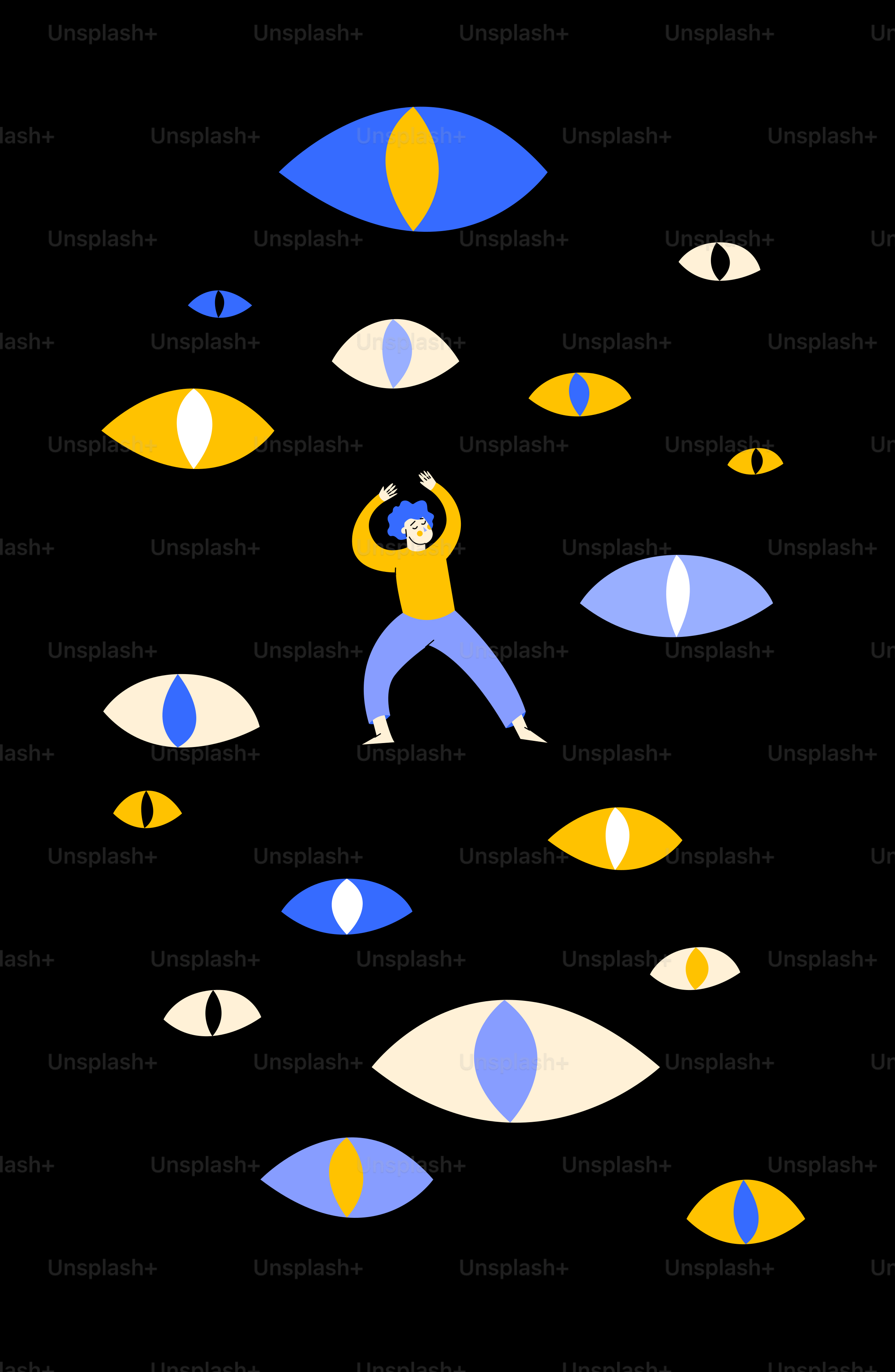 A man standing in front of a group of blue and yellow eyes