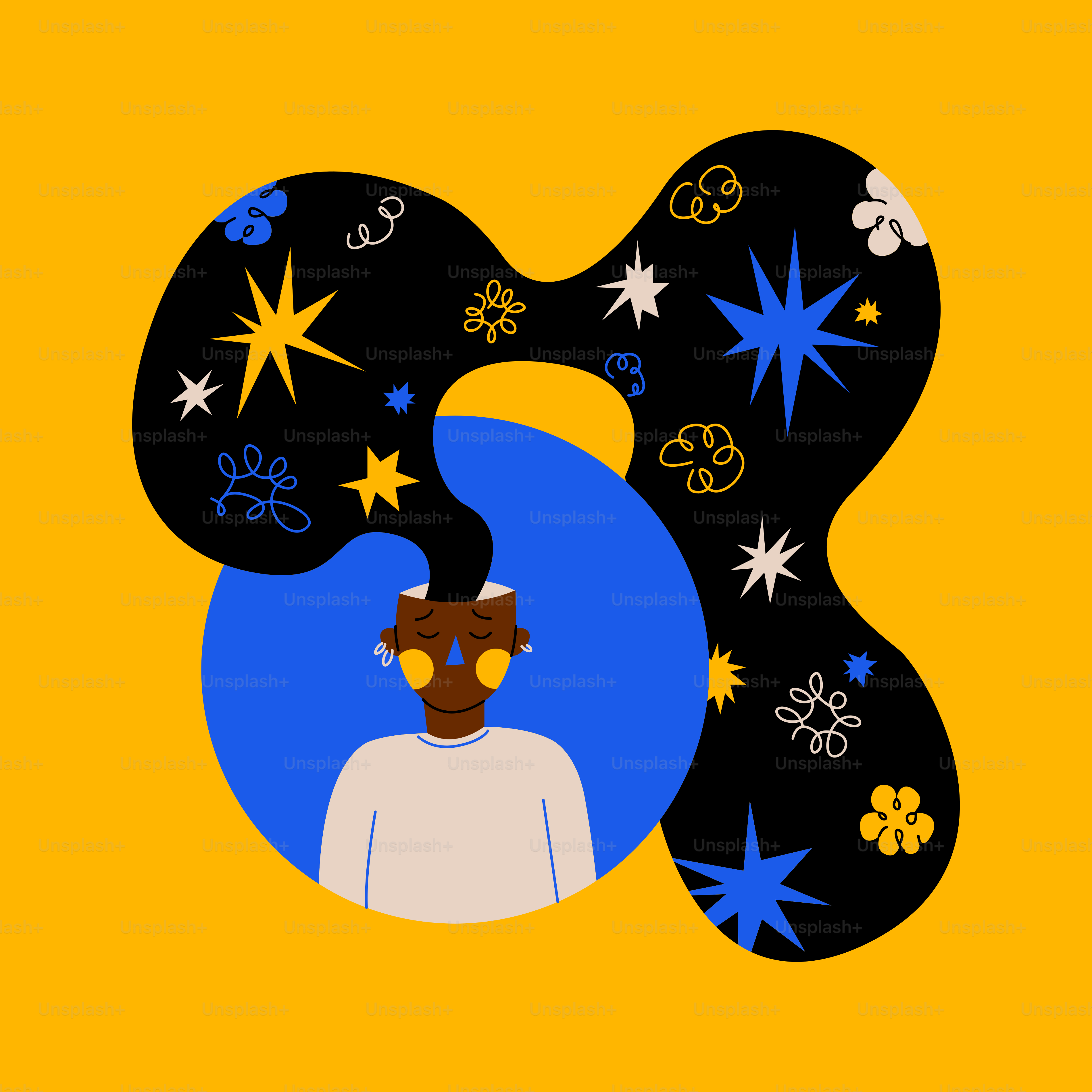 A yellow background with an illustration of a person with a black mask