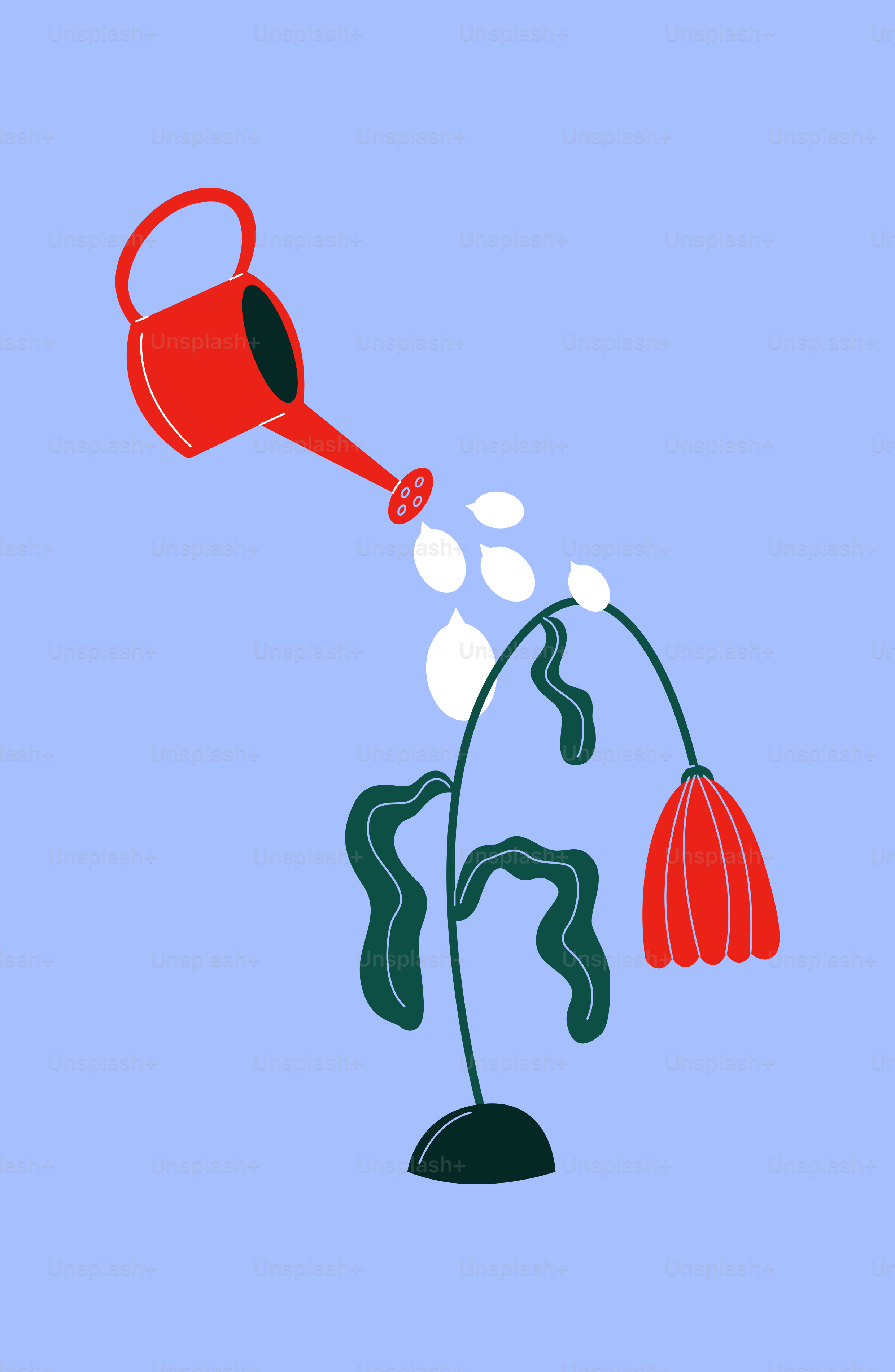 Un annaffiatoio rosso che versa acqua su una pianta