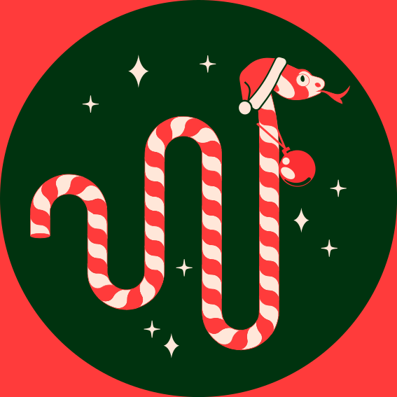 A red and green christmas card with a picture of a santa hat and candy cane