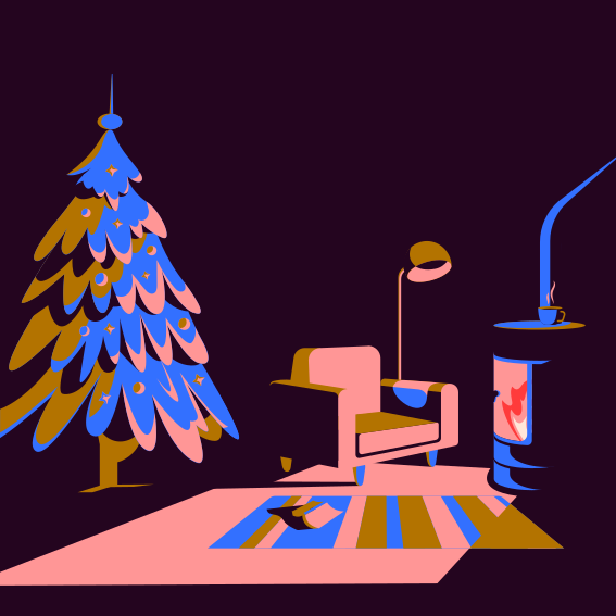 A room with a chair, a desk and a christmas tree