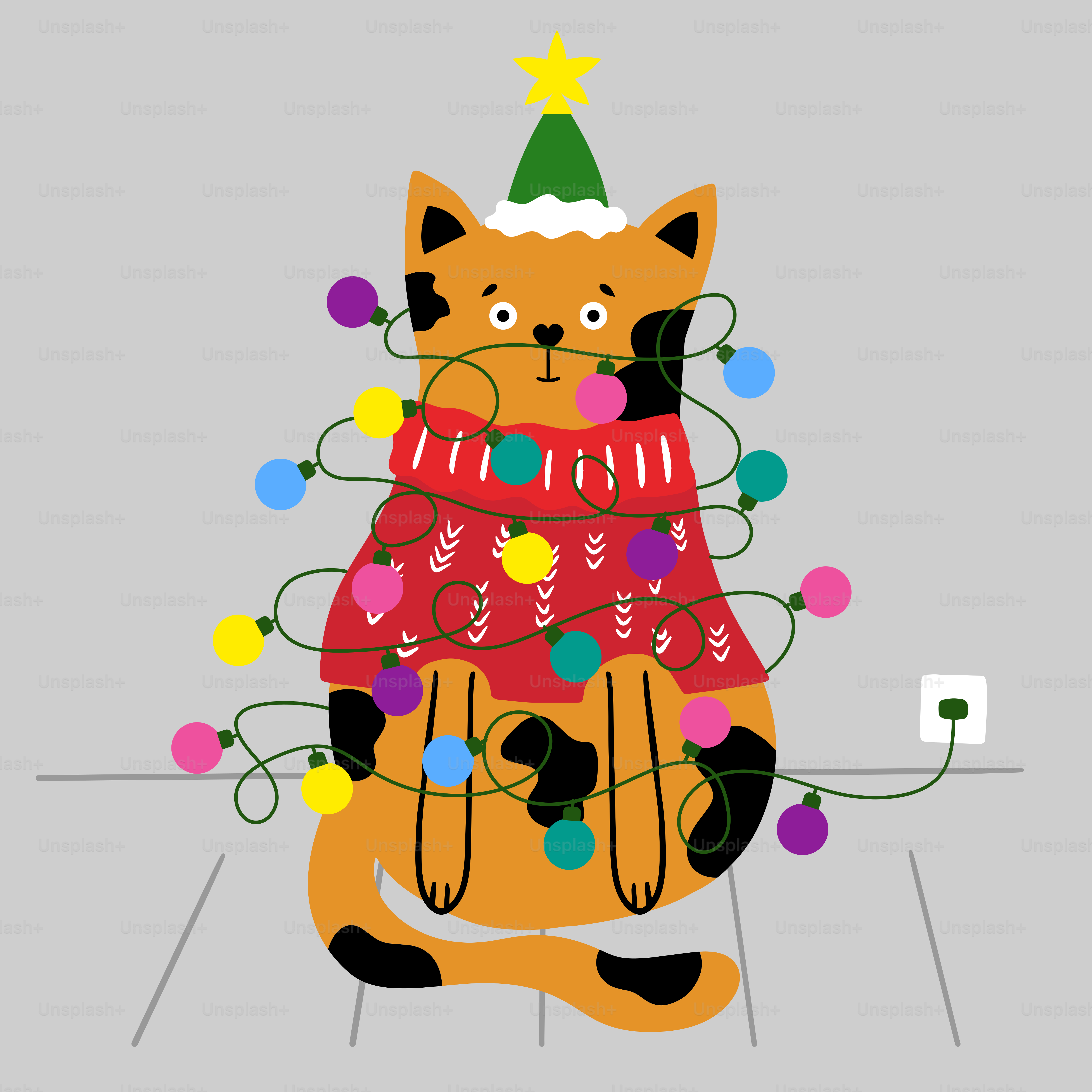 Un gato con un jersey y un gorro de Navidad