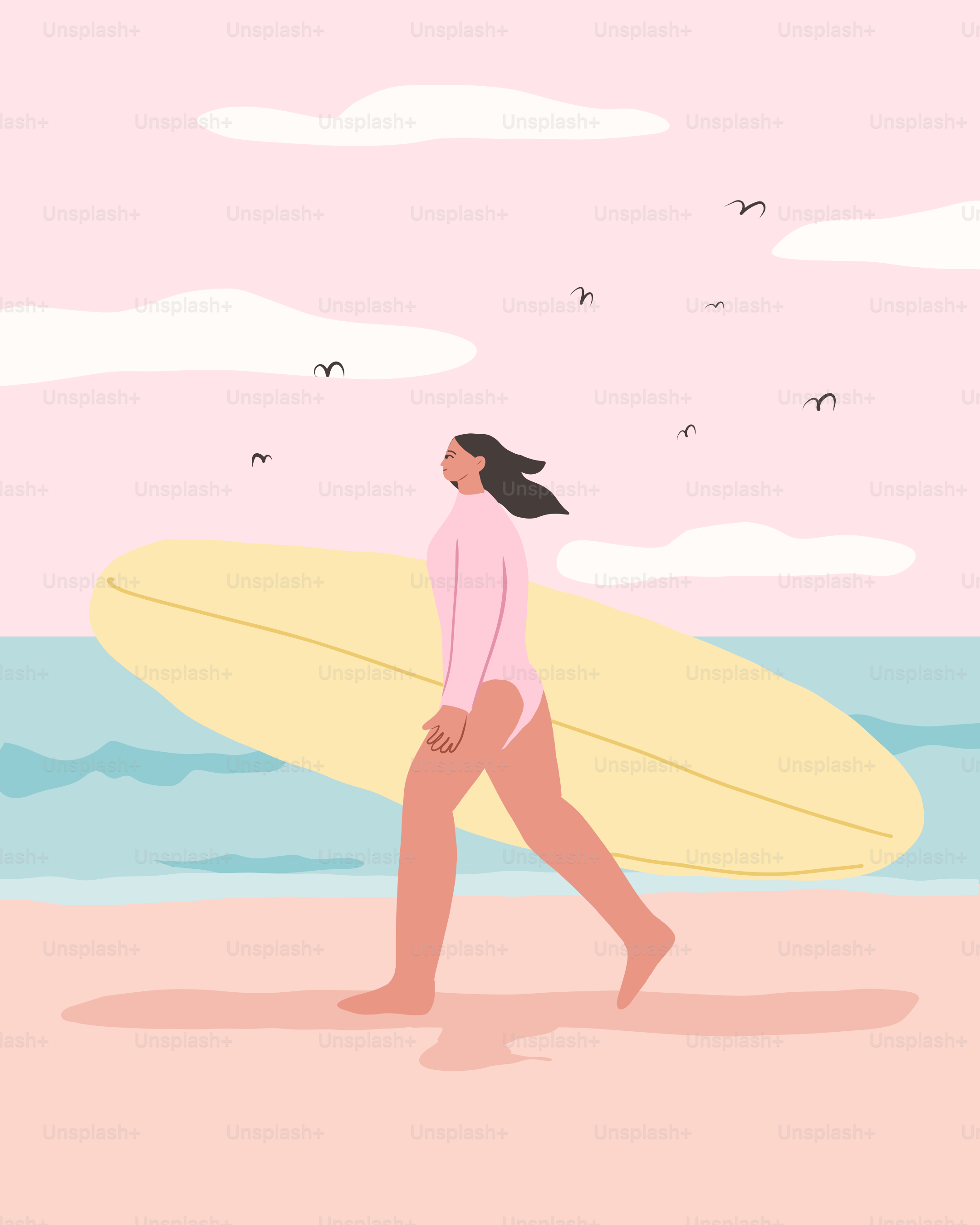 Una mujer caminando por la playa con una tabla de surf