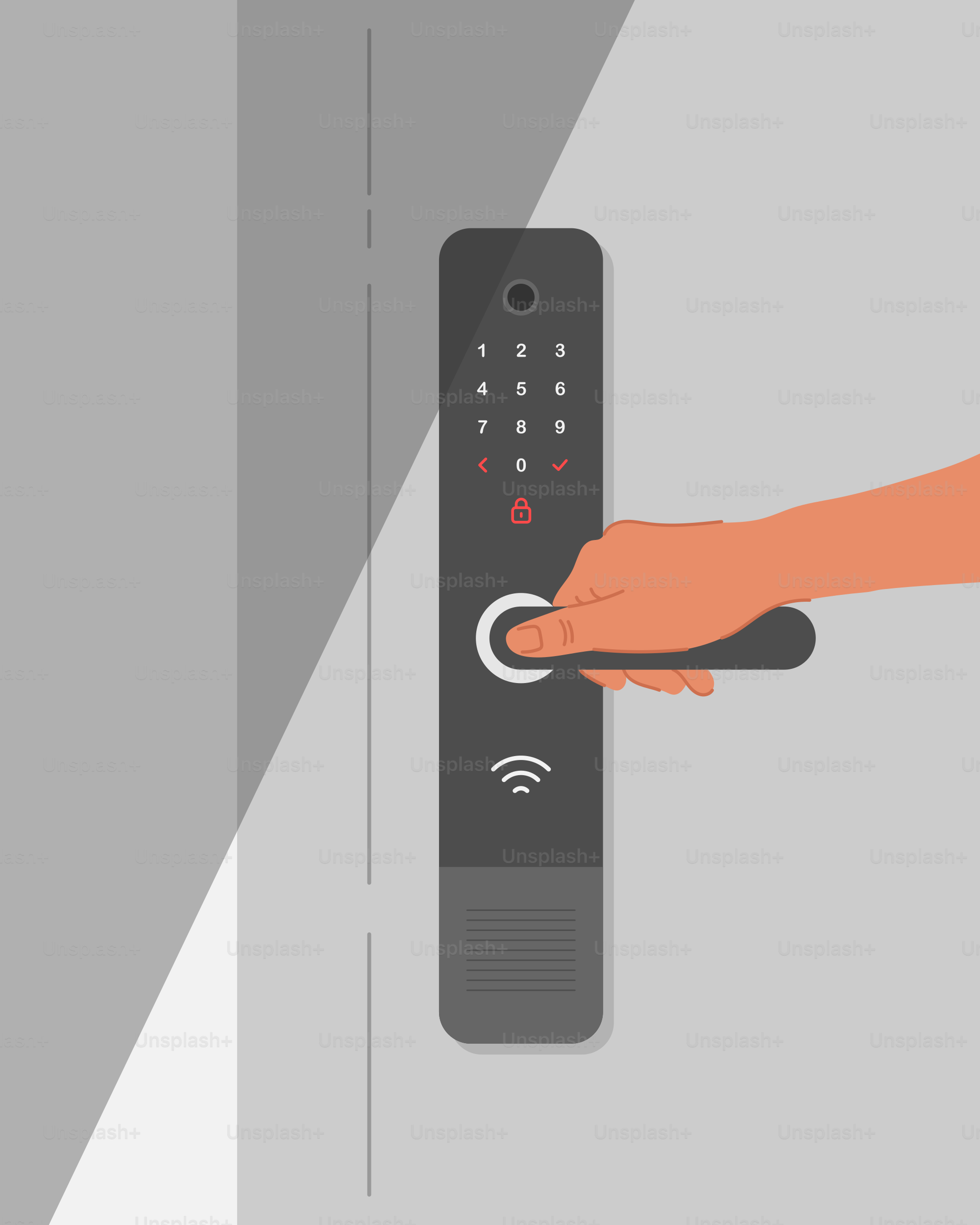 Uma mão está pressionando um botão em uma maçaneta de porta