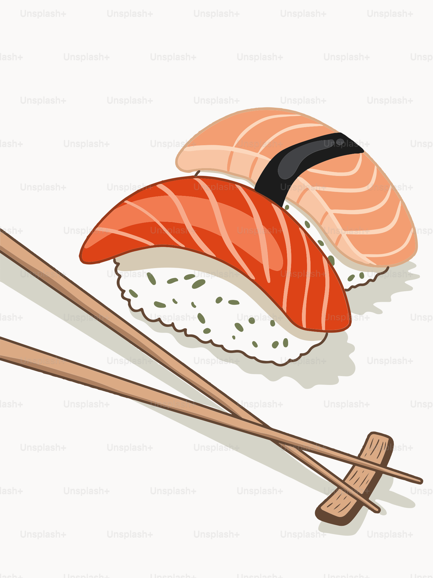 A sushi with chopsticks on a white background