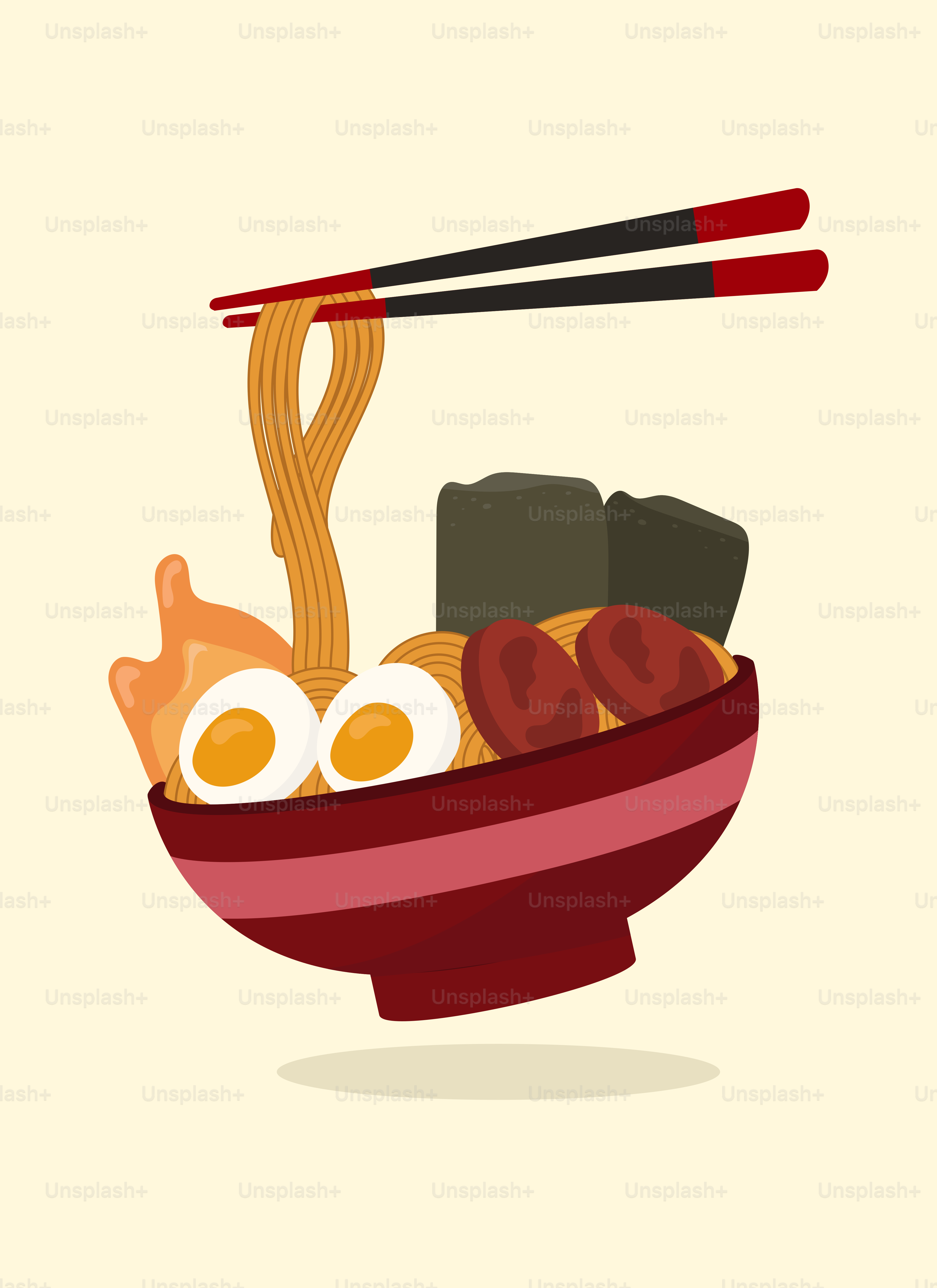 Eine Schüssel mit Essen mit Essstäbchen und Eiern