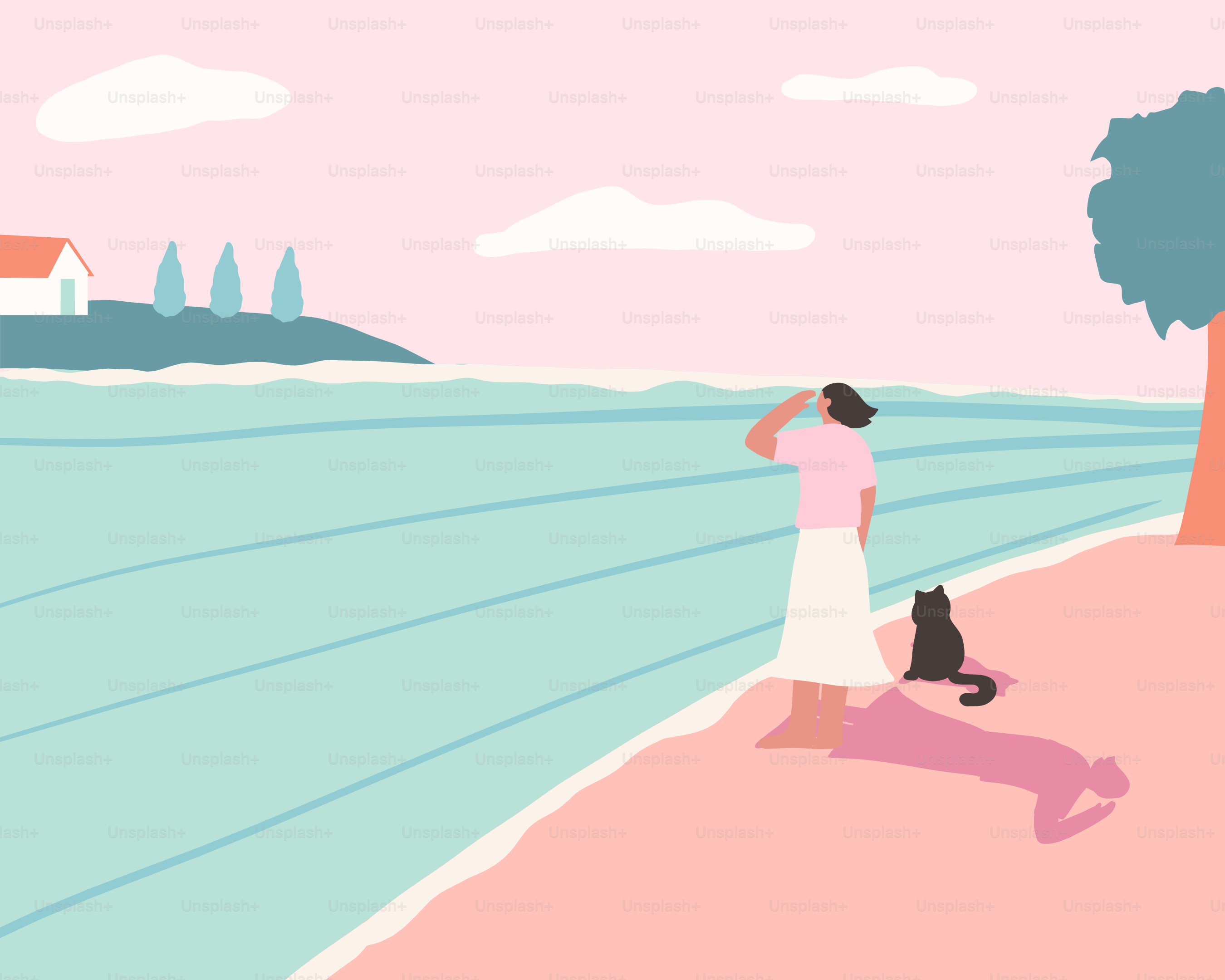木の隣のビーチで犬を散歩させる女性