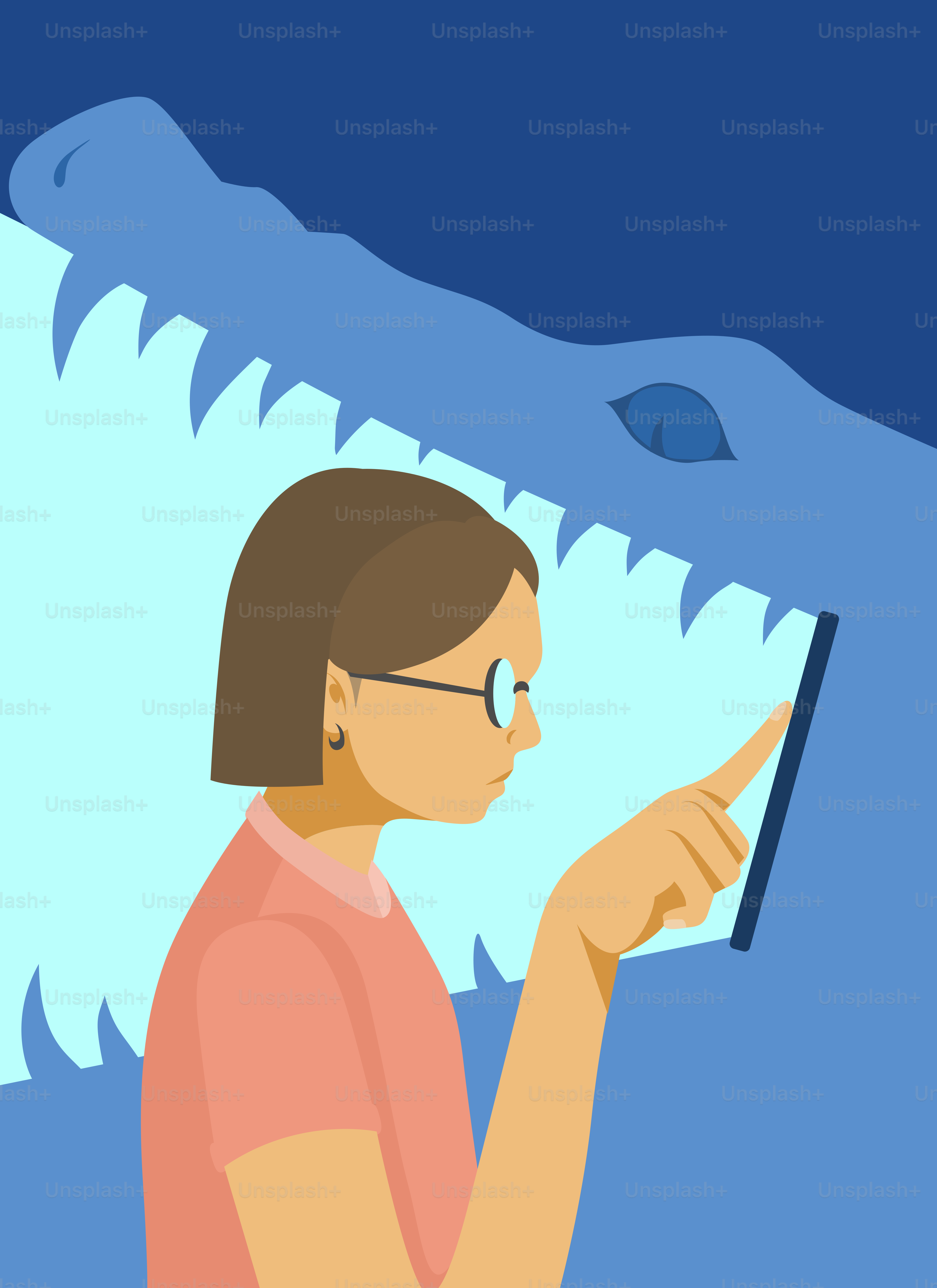 Eine Frau schaut auf einen Computerbildschirm mit einem Hai im Hintergrund