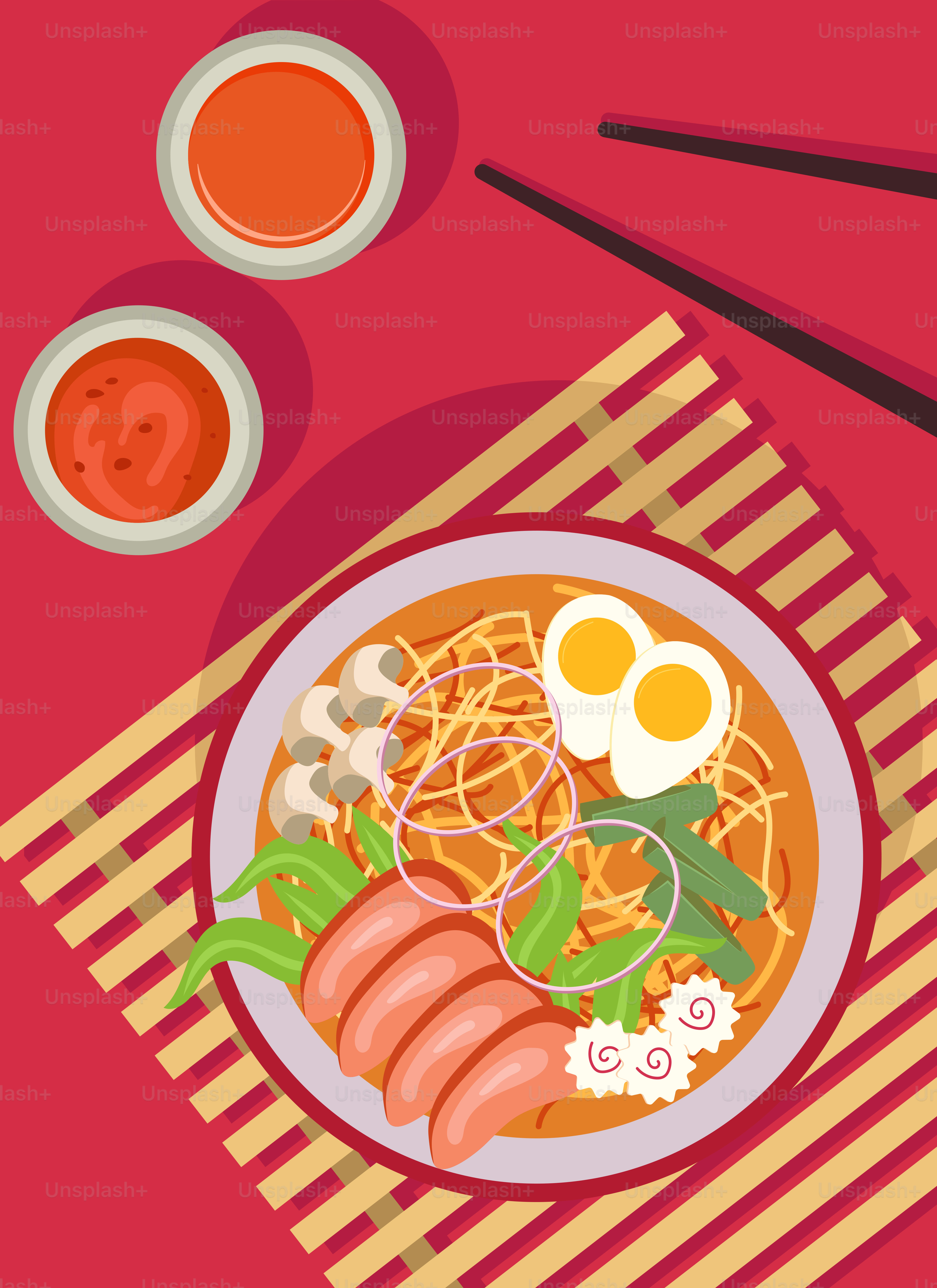 Ein Teller mit Essen mit Stäbchen und Soßen