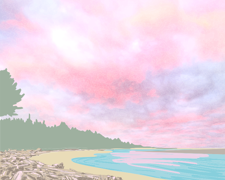 Un tableau d’une plage avec un ciel rose en arrière-plan