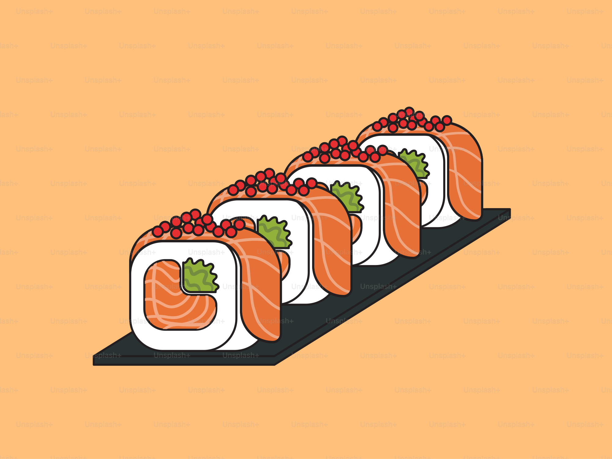 A row of sushi on a black tray