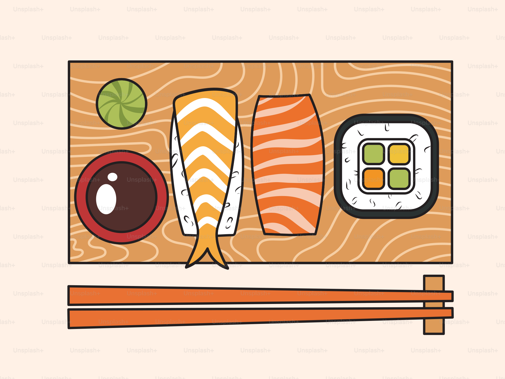 A sushi plate with chopsticks and chopsticks next to it