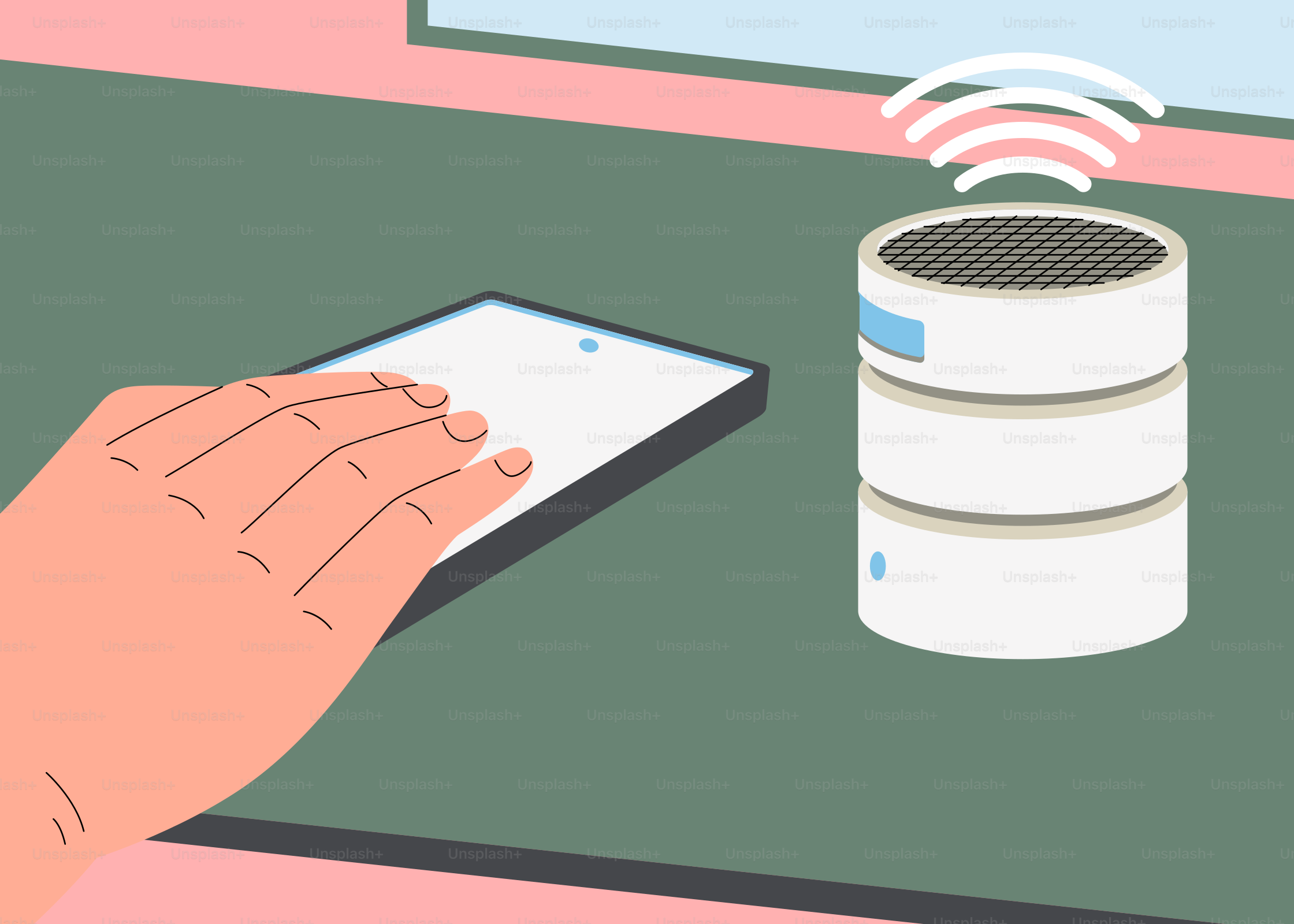 データの山の隣に携帯電話を持つ手