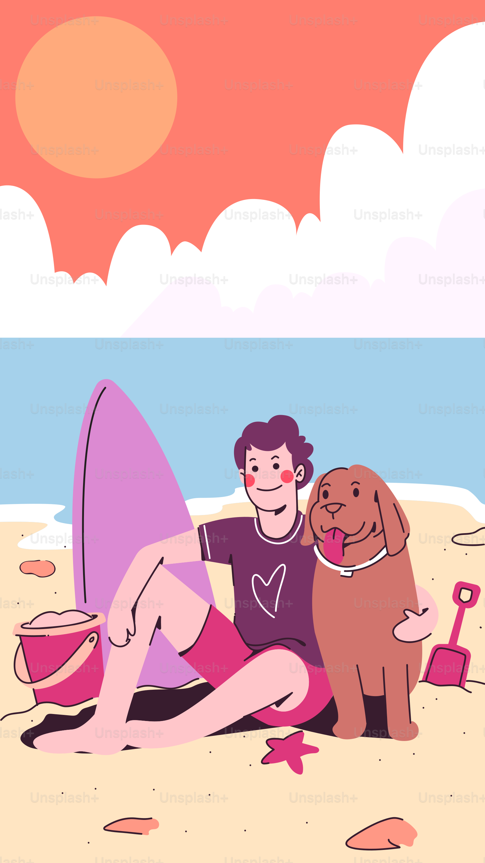 A woman sitting on a beach next to a dog