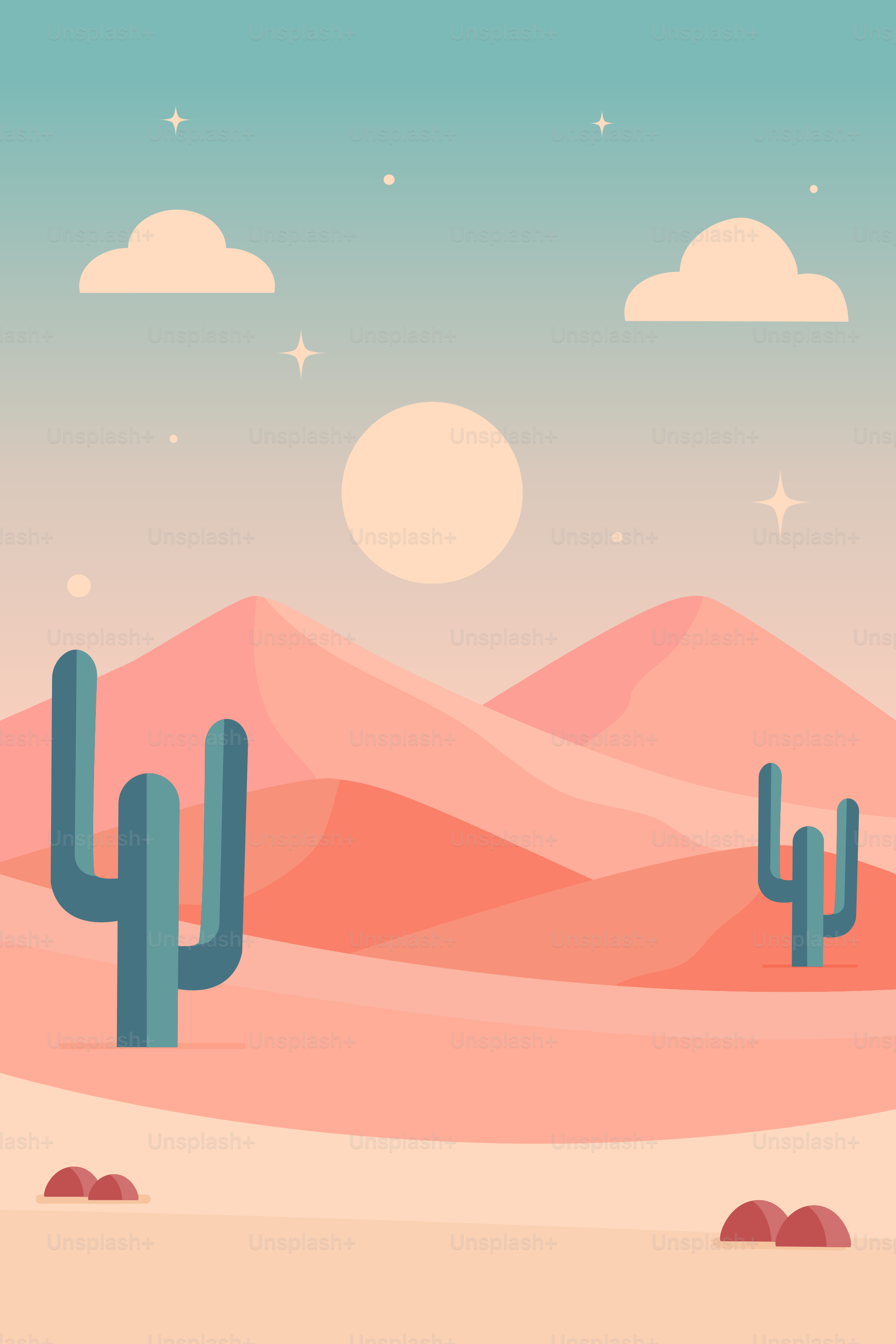 Un décor désertique avec des cactus et des montagnes