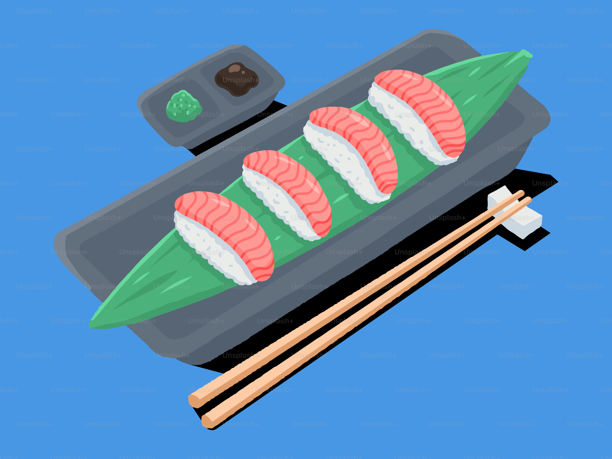 A sushi boat with chopsticks on a blue background