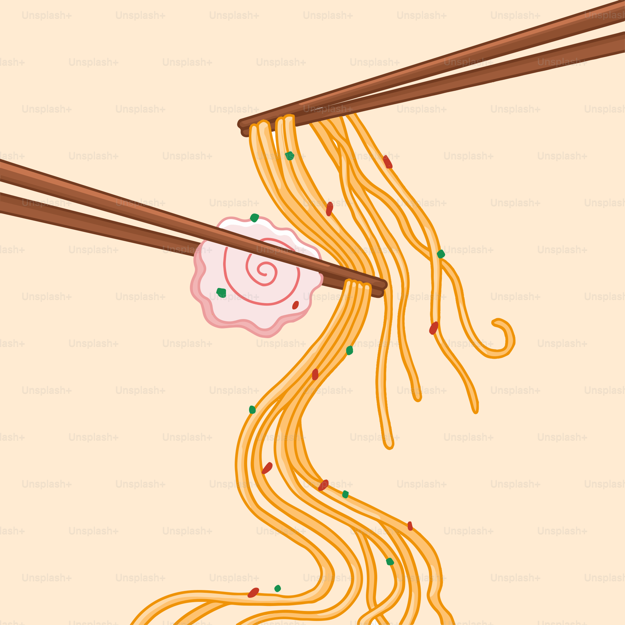 A drawing of chopsticks holding noodles and a flower