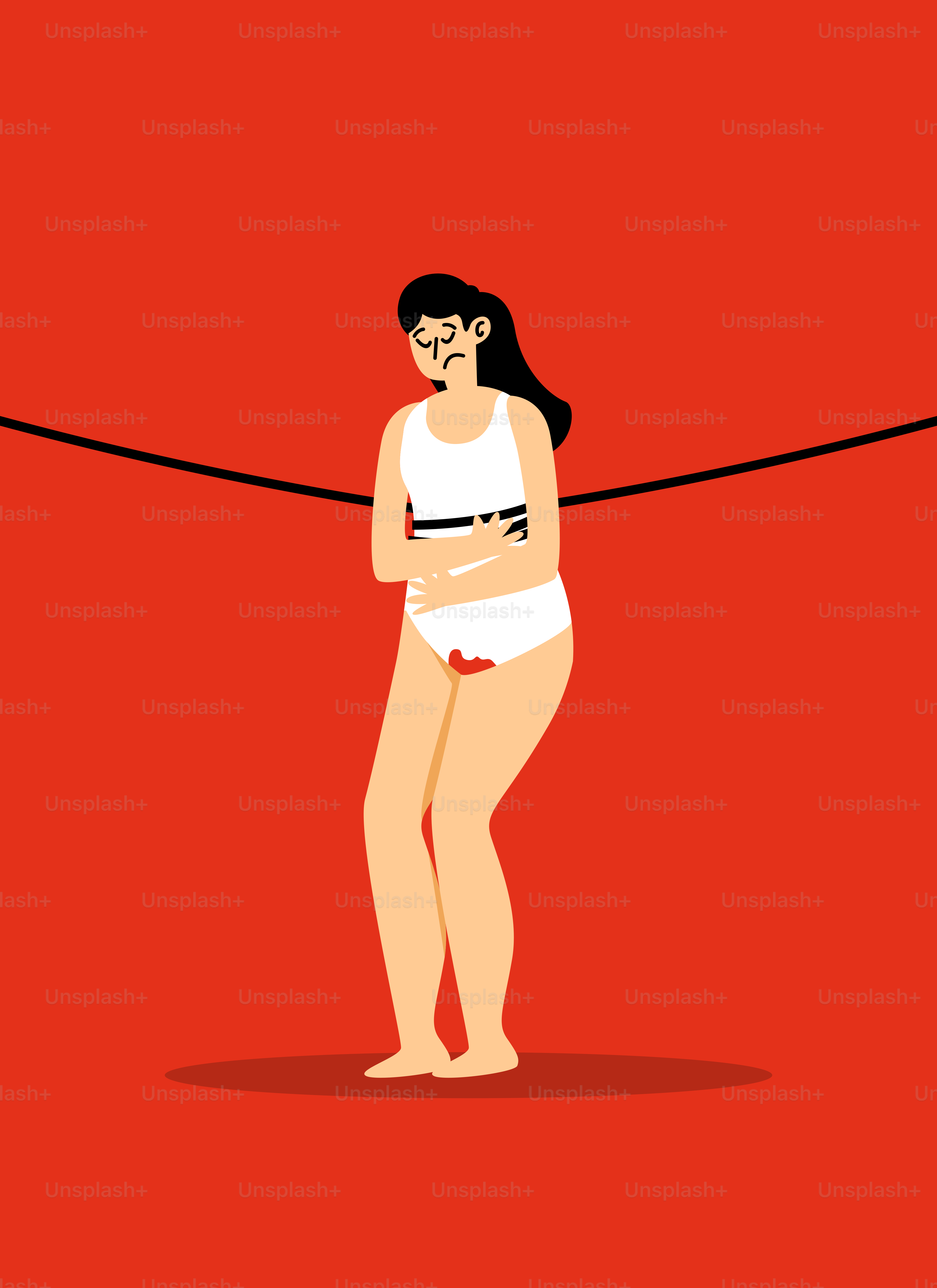 A woman standing on a rope with a red background