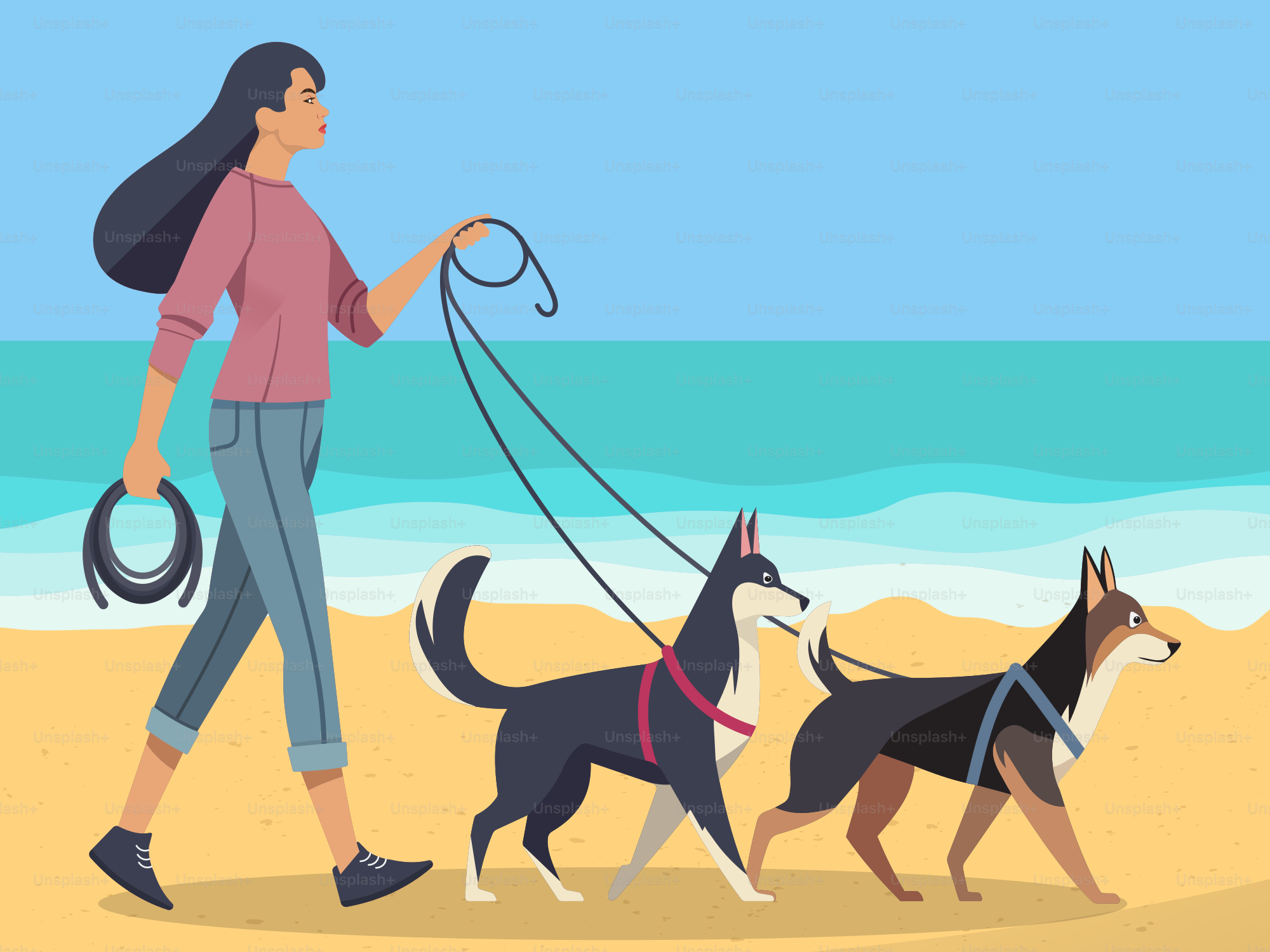 A woman walking two dogs on the beach