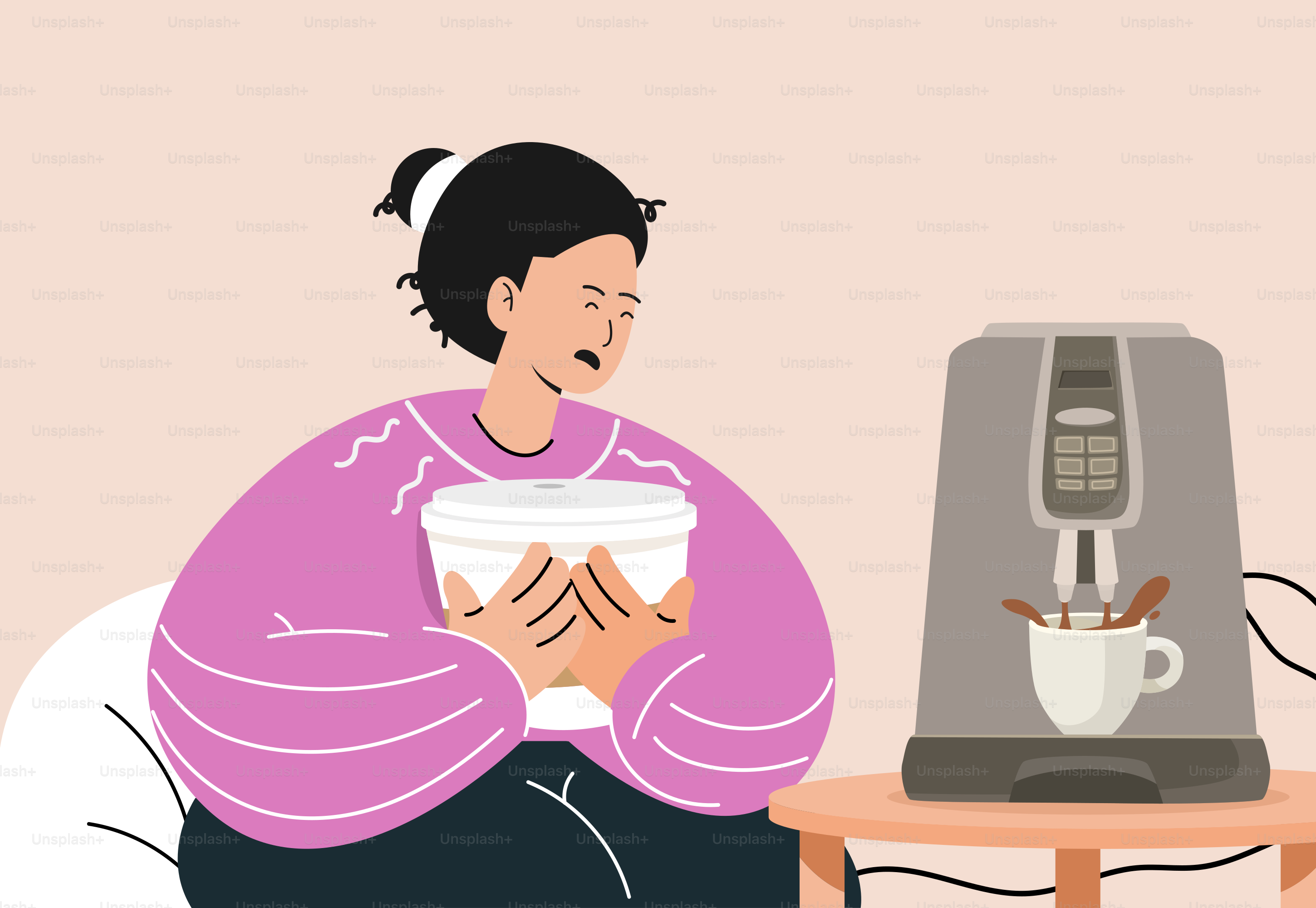 A woman sitting at a table with a cup of coffee