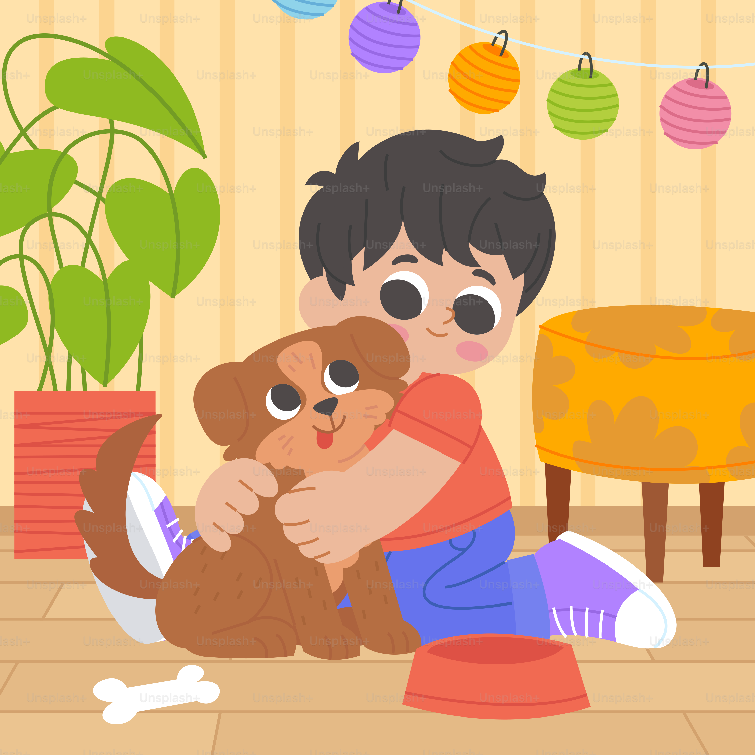 A little boy holding a dog in a room