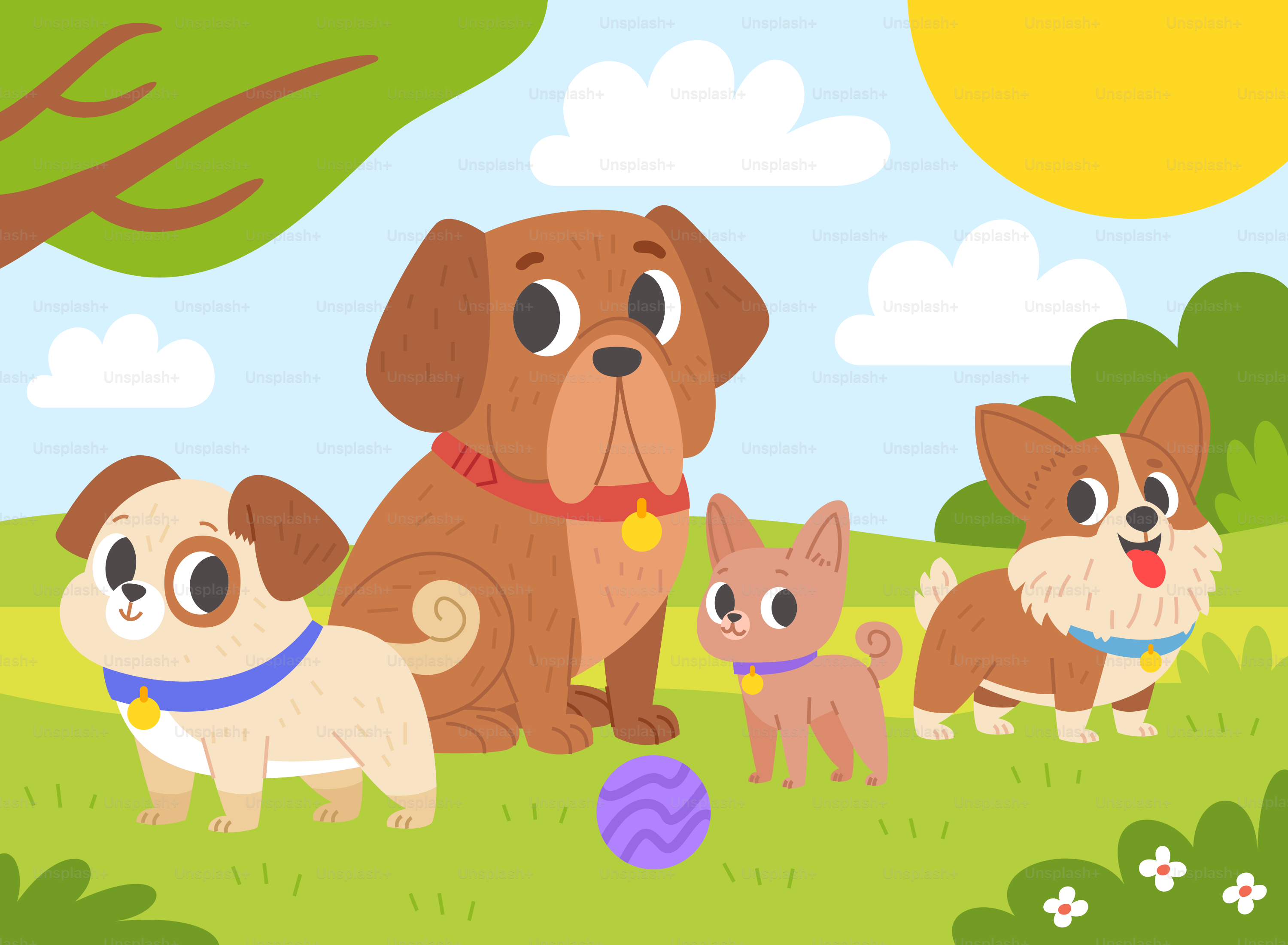 A group of dogs standing next to each other on a field