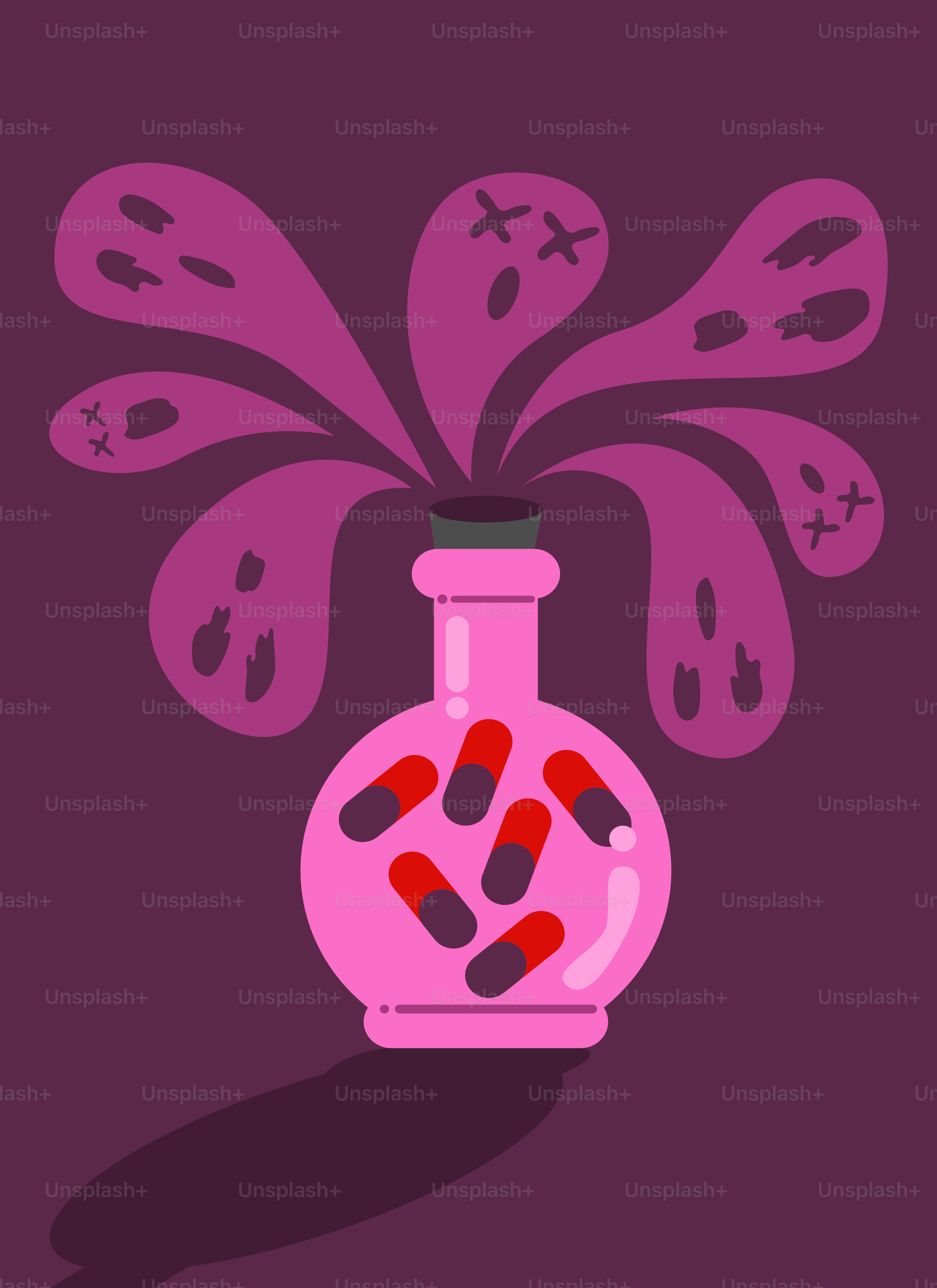 Una bottiglia rosa con delle pillole che ne escono