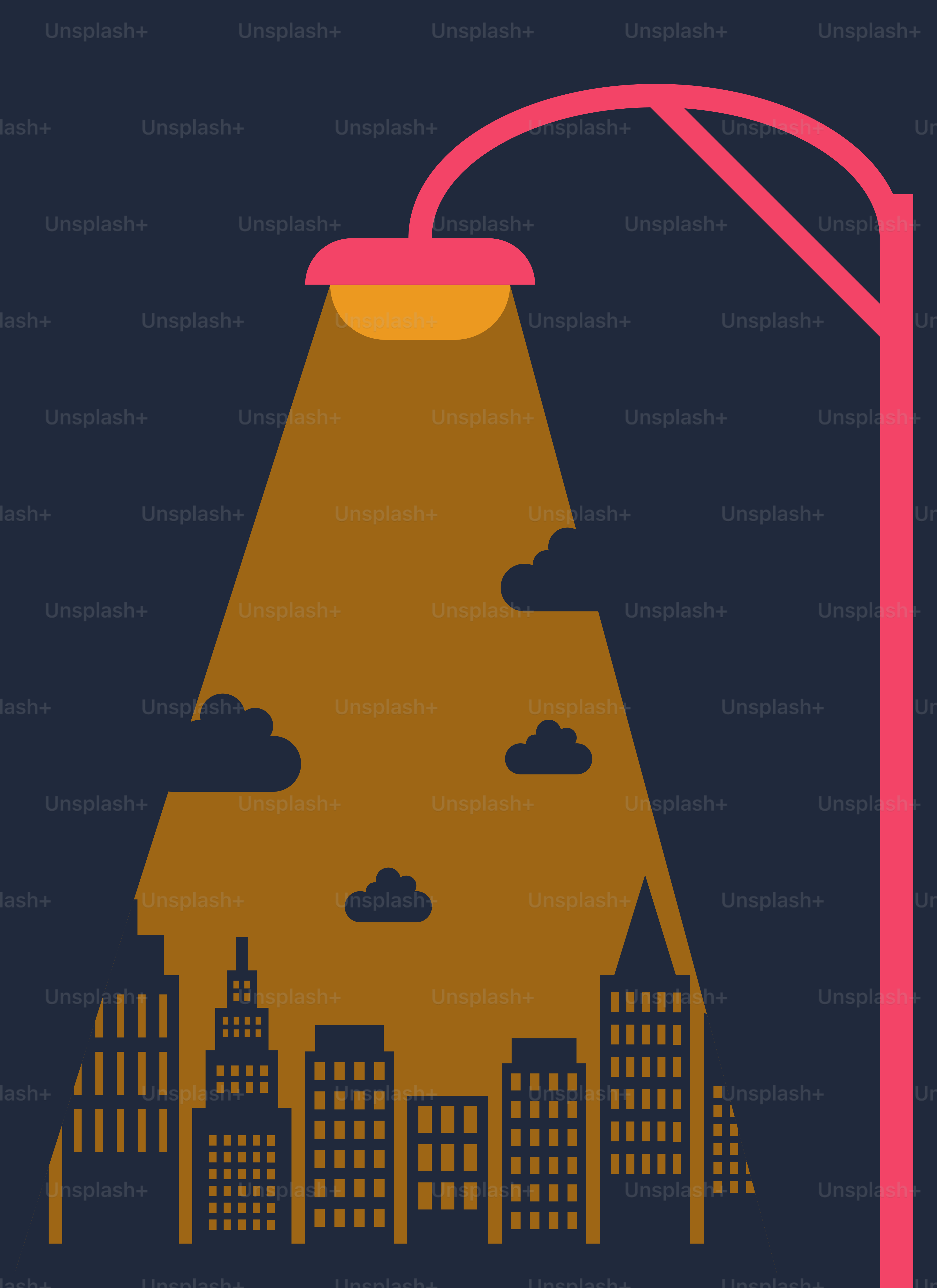 A street light with a city in the background