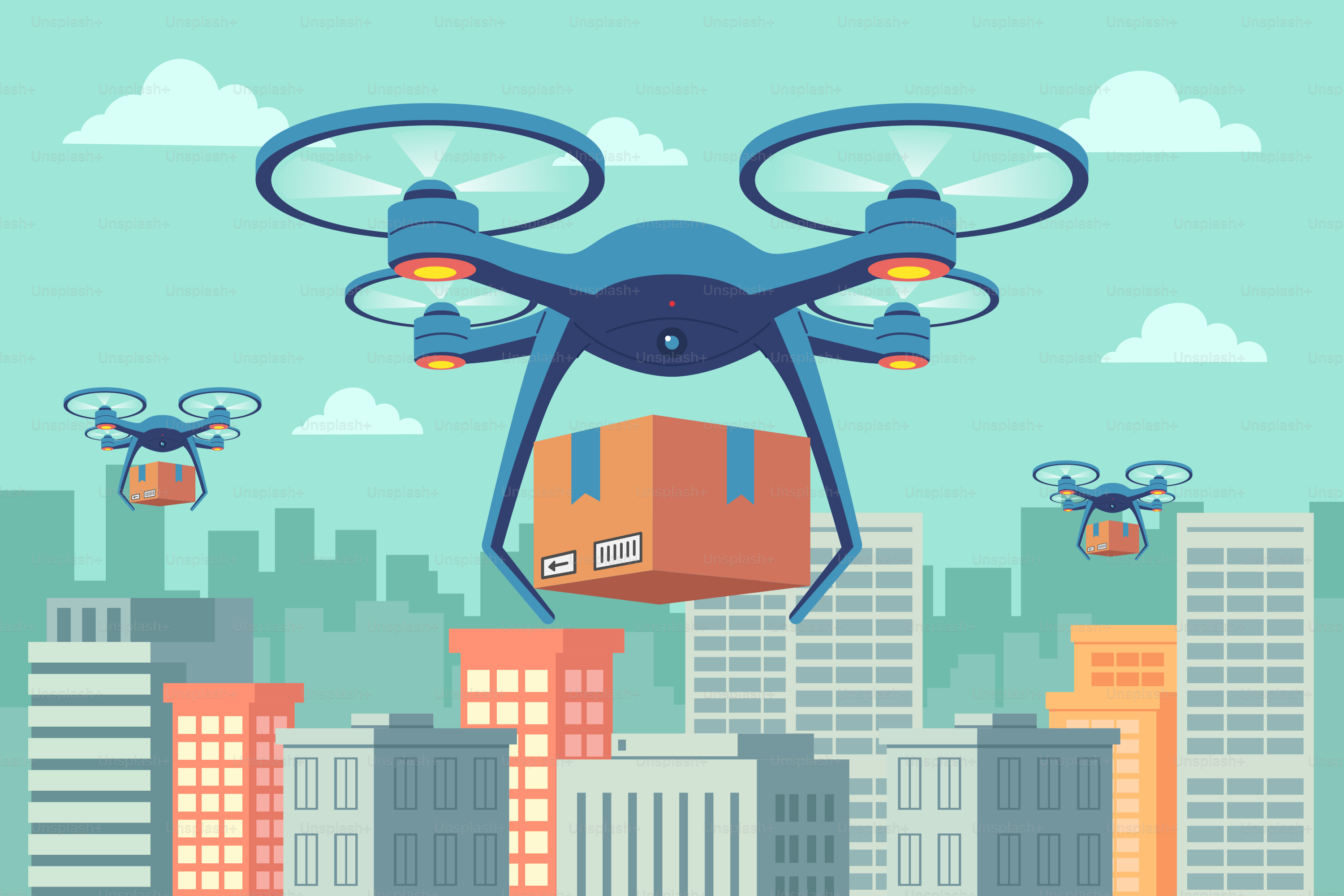 Ein Mann, der mit einem Quadcopter über eine Stadt fliegt