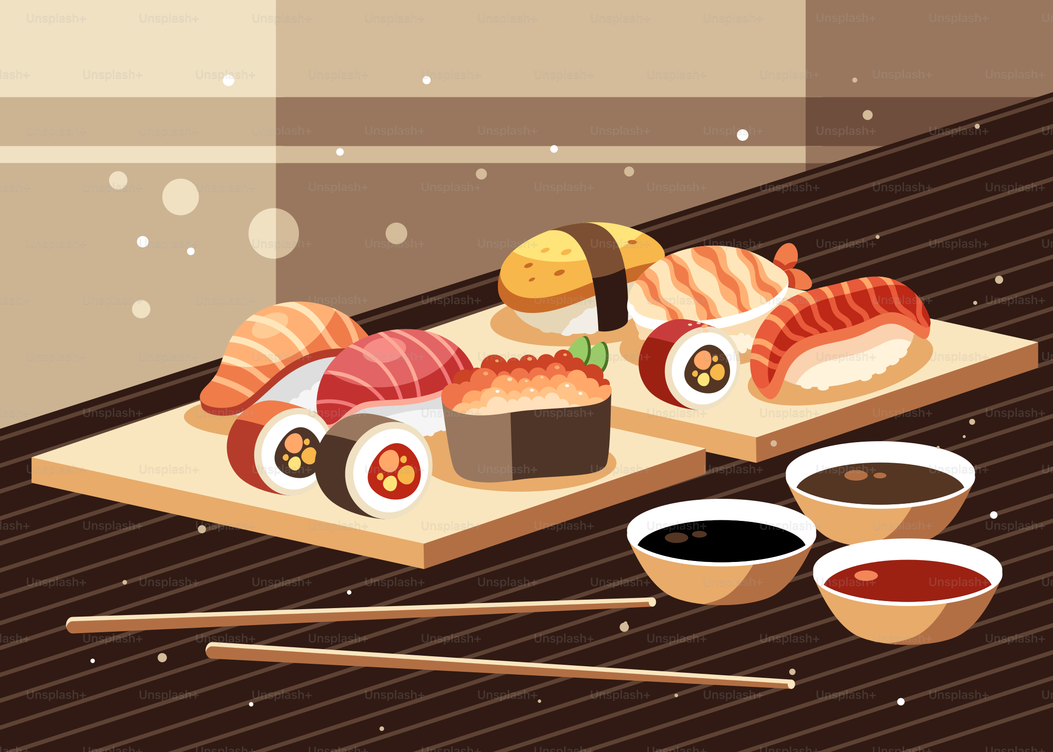 Sushi on a cutting board with chopsticks and sauce