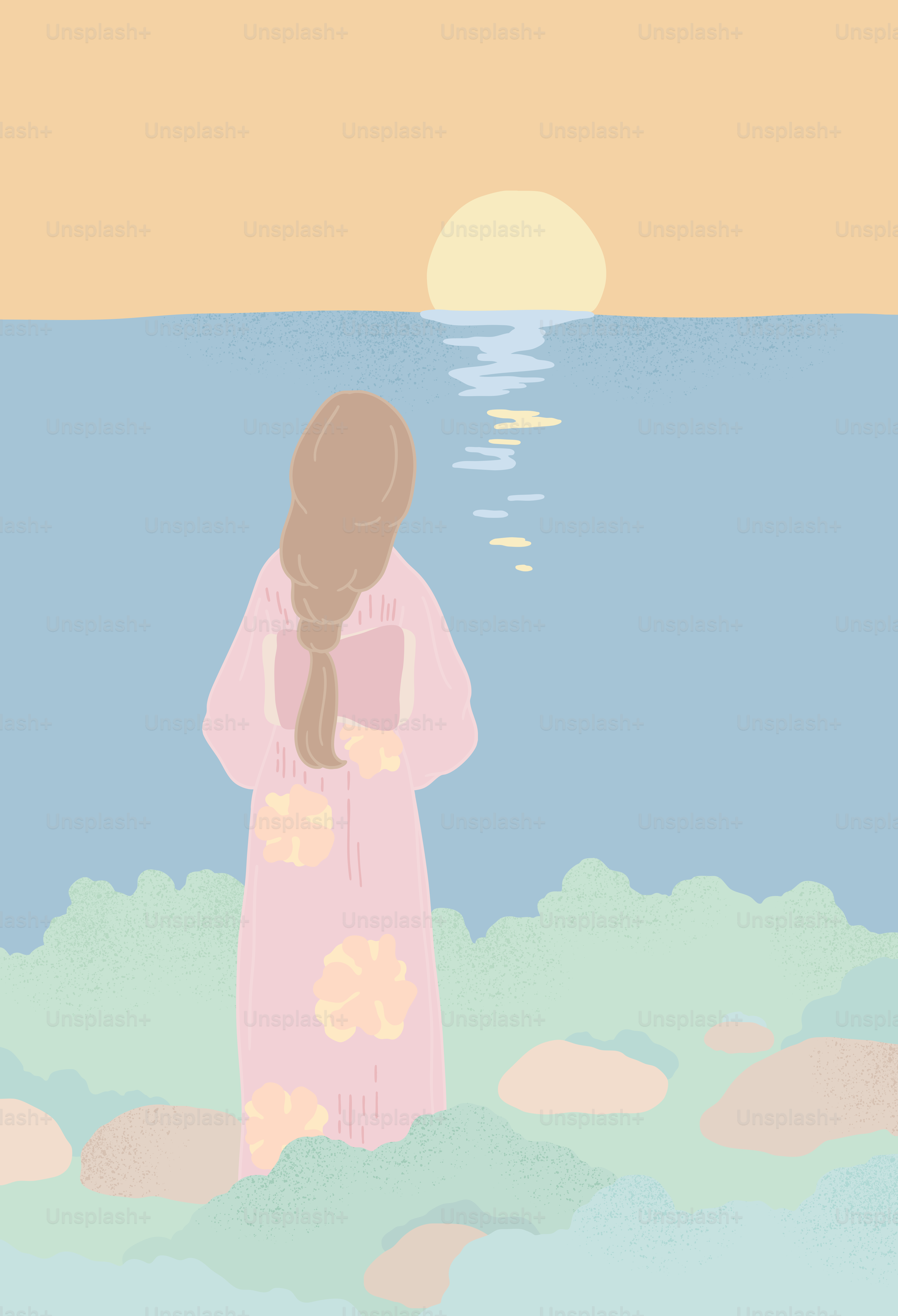 A painting of a woman in a pink dress looking out at the ocean