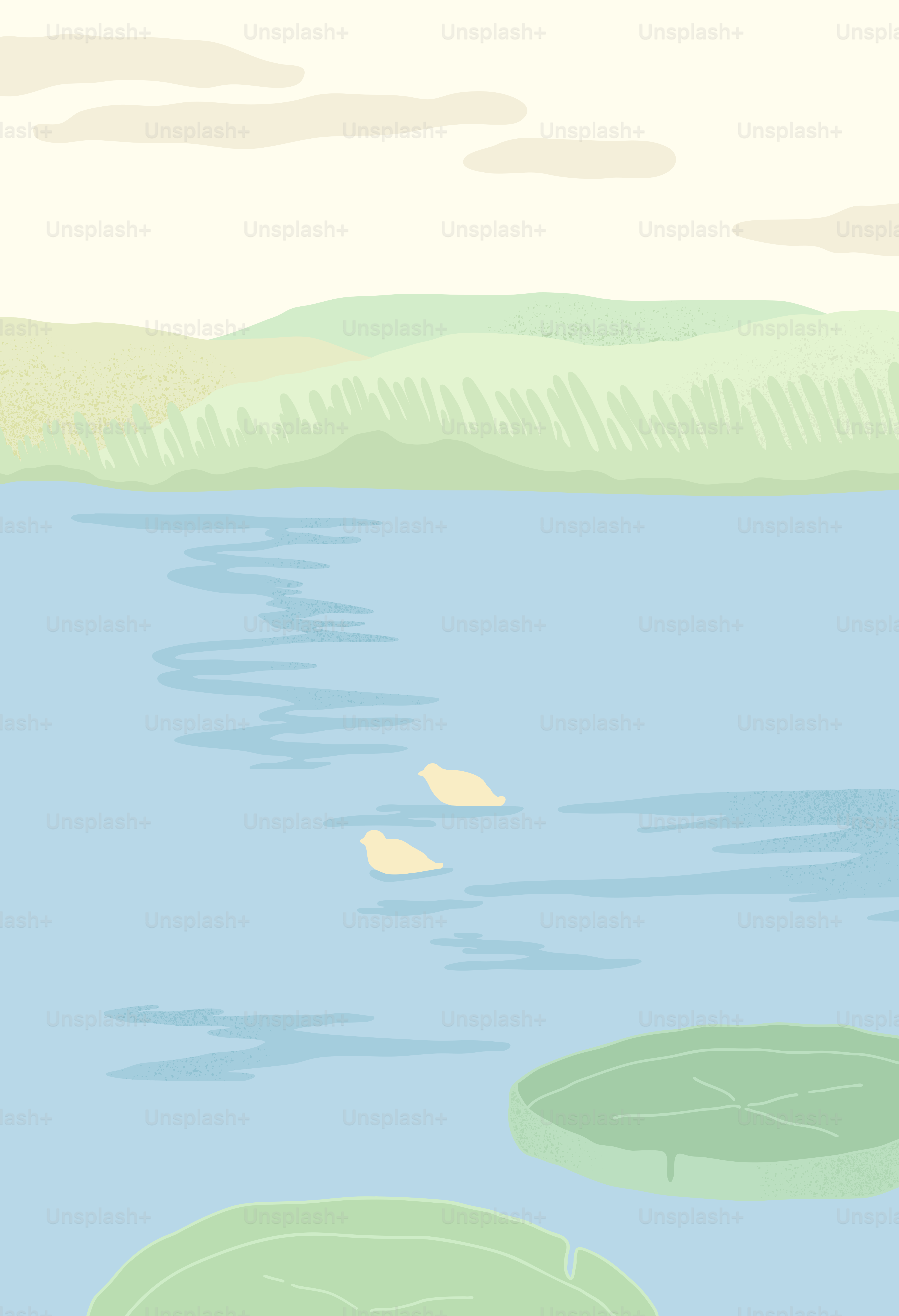 A painting of a pond with lily pads