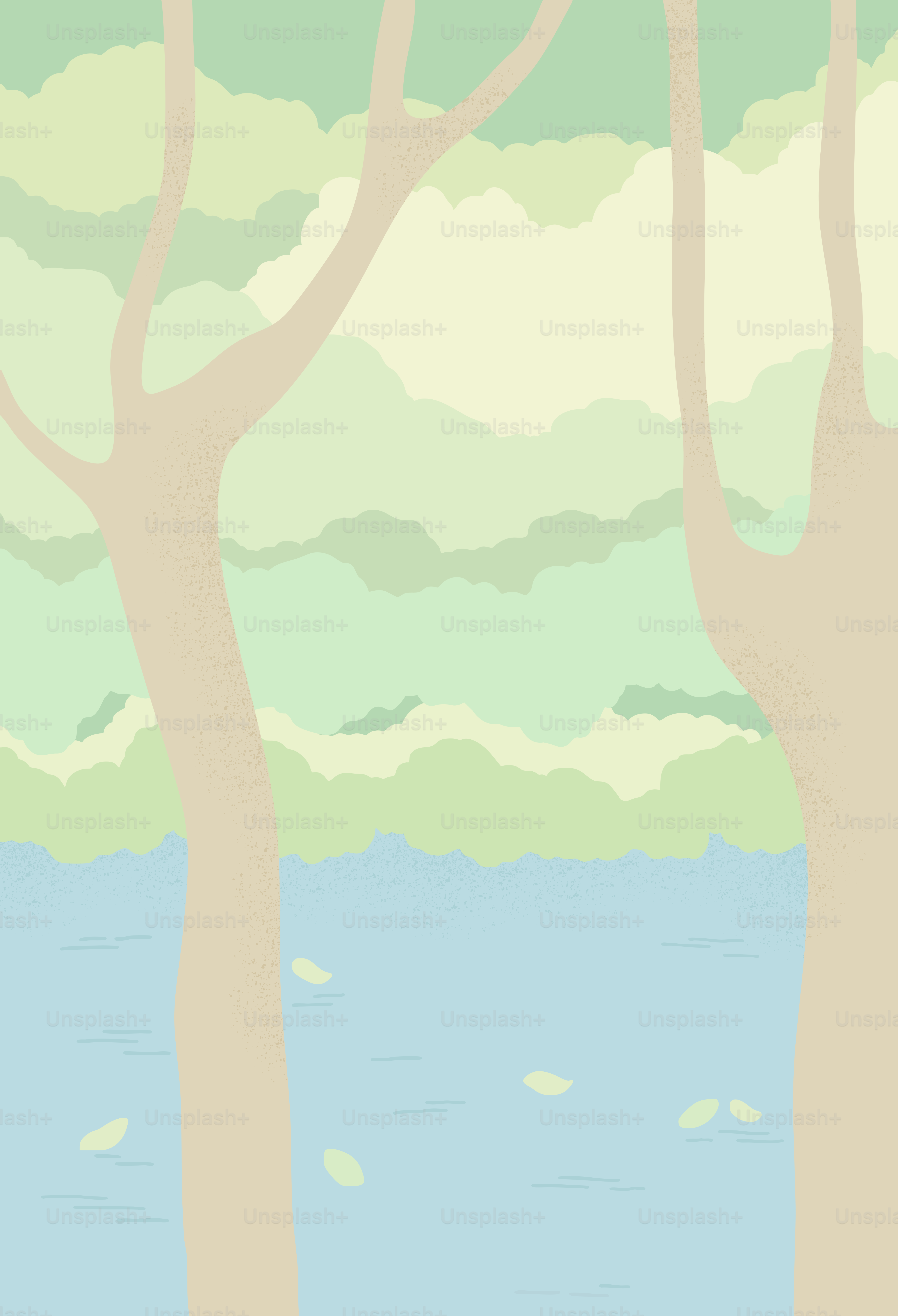 A painting of trees and a body of water