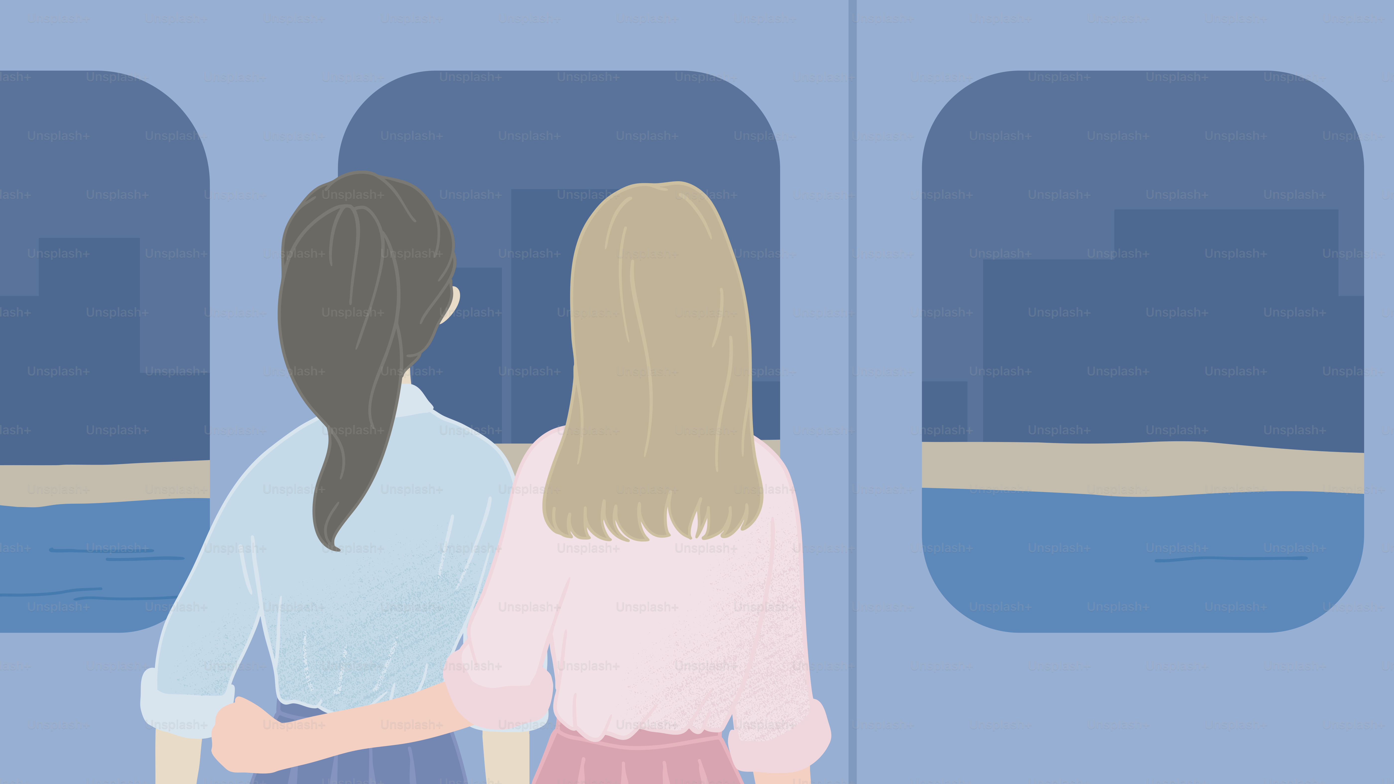 A couple of women standing next to each other on a train