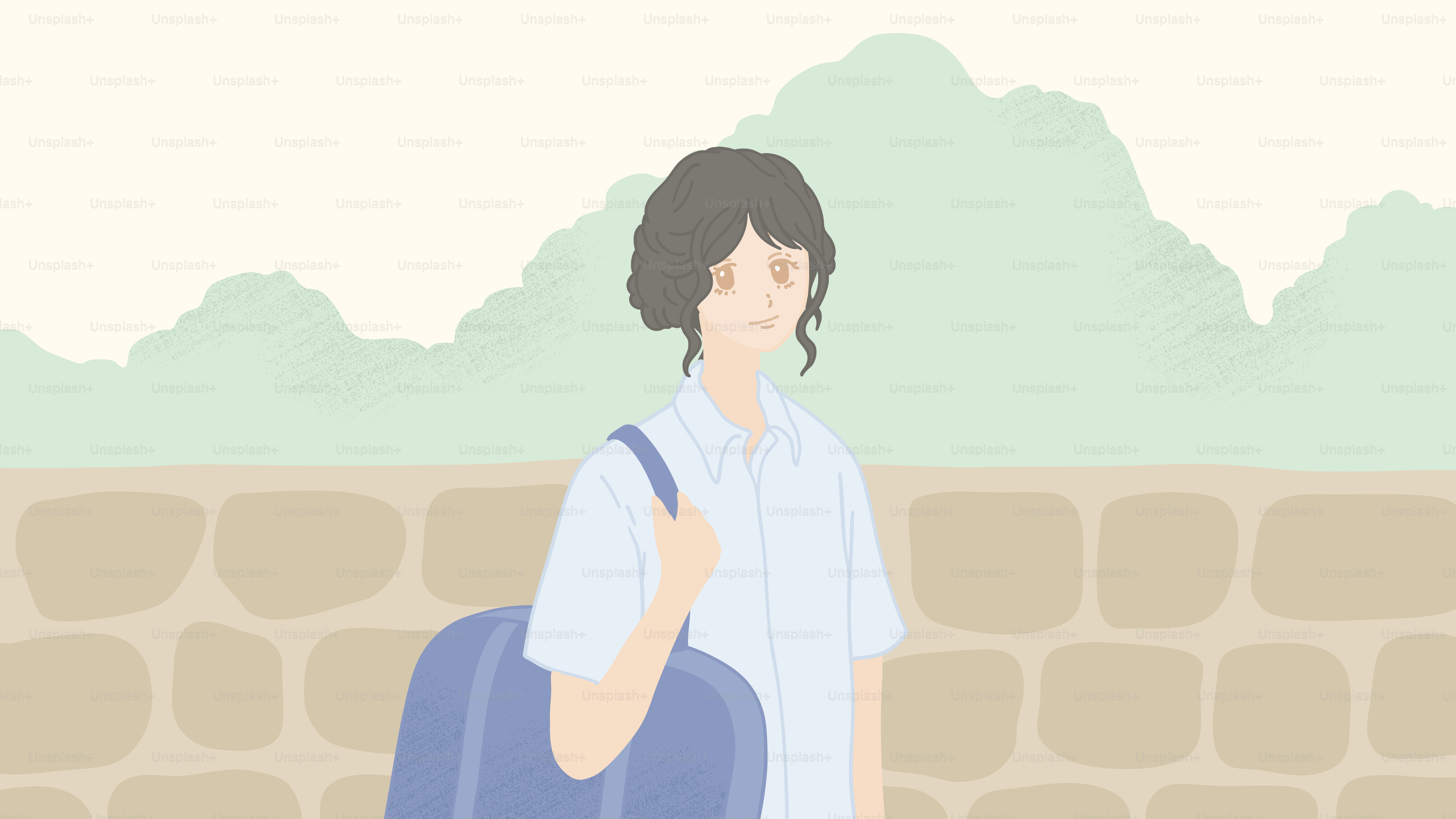 A man with a backpack is standing in front of a stone wall