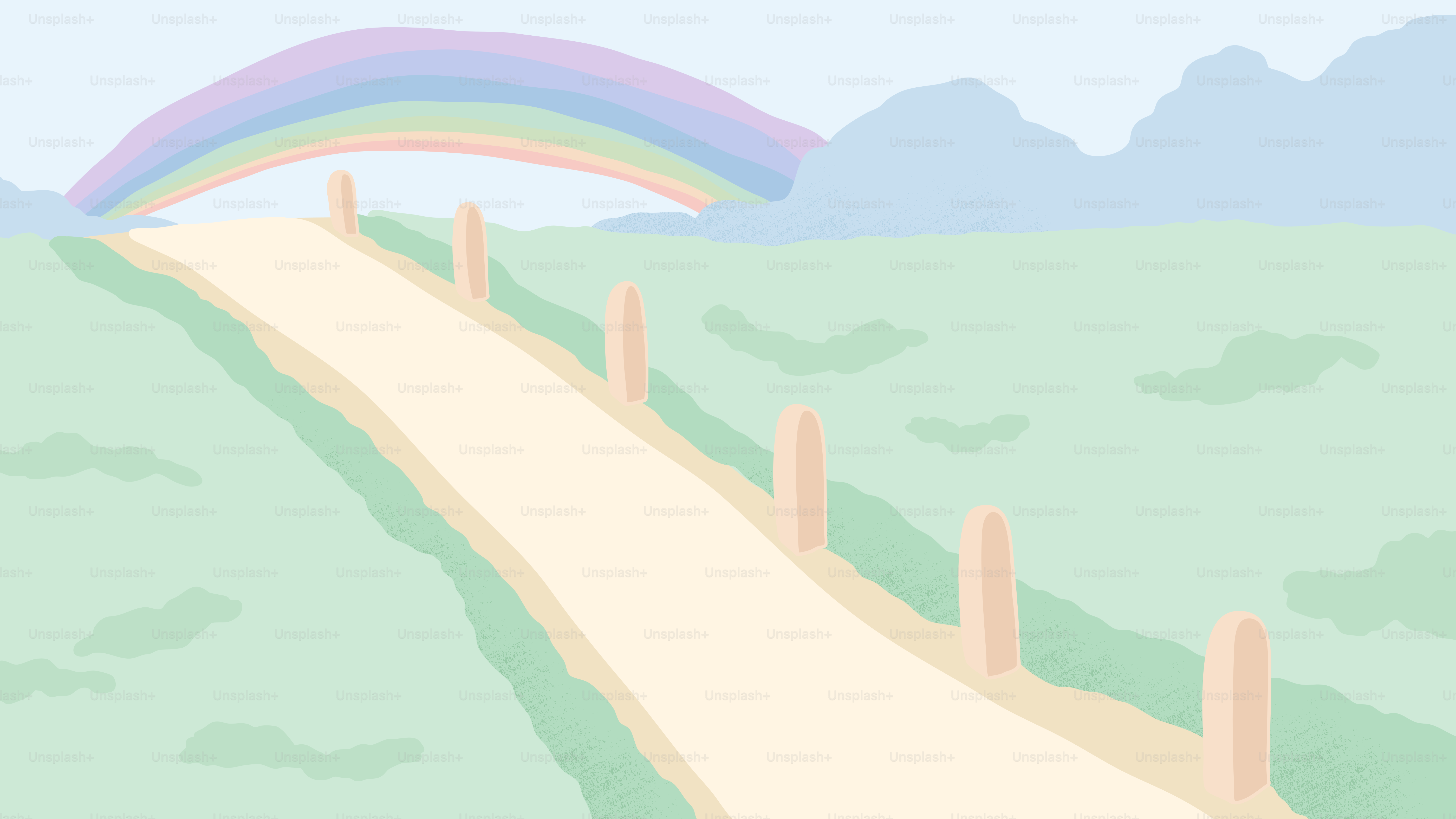 A drawing of a path with a rainbow in the background