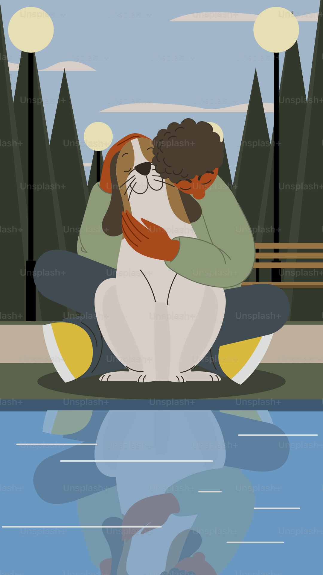 A person hugging a dog in front of a body of water