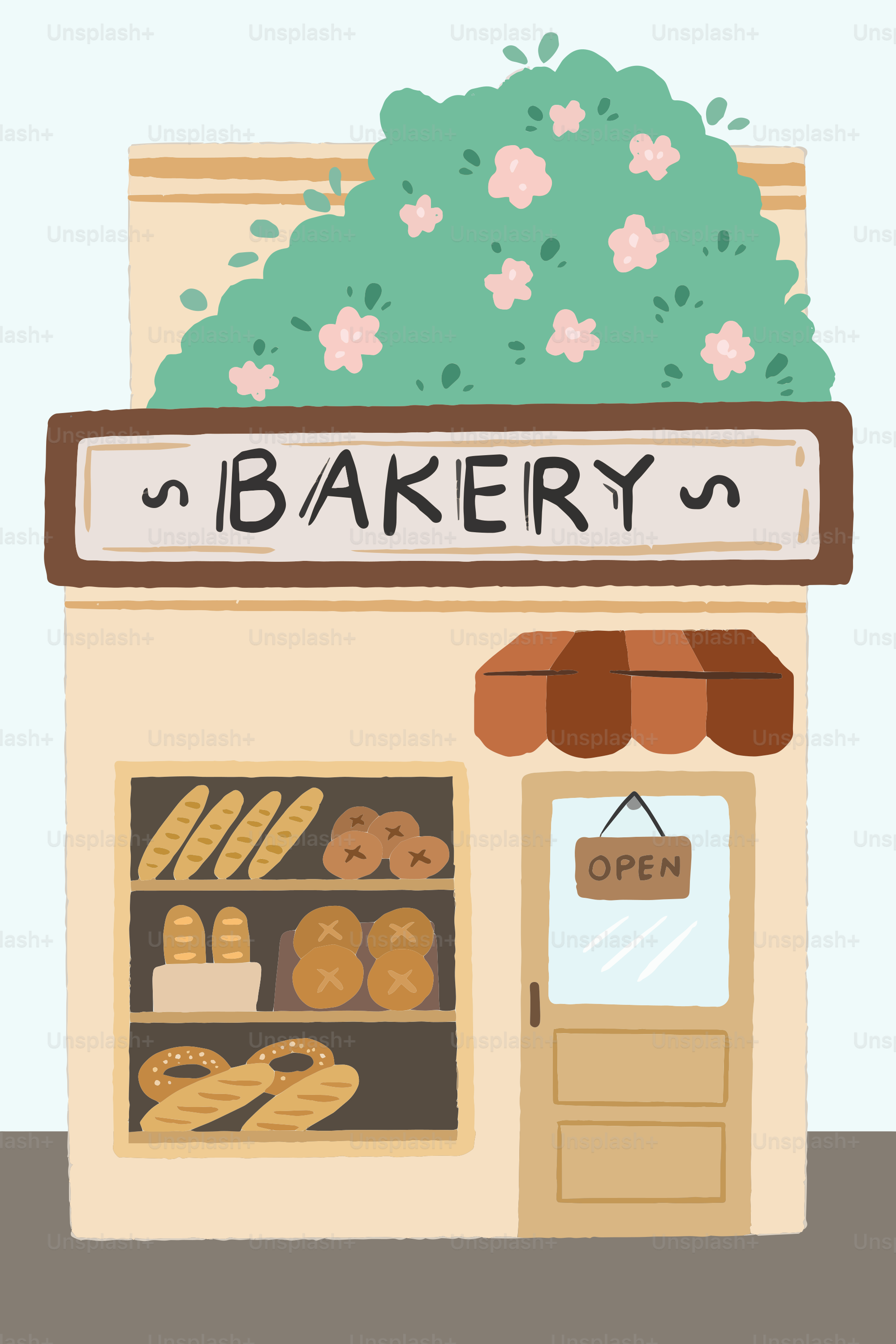 An illustration of a bakery with a sign that says bakery