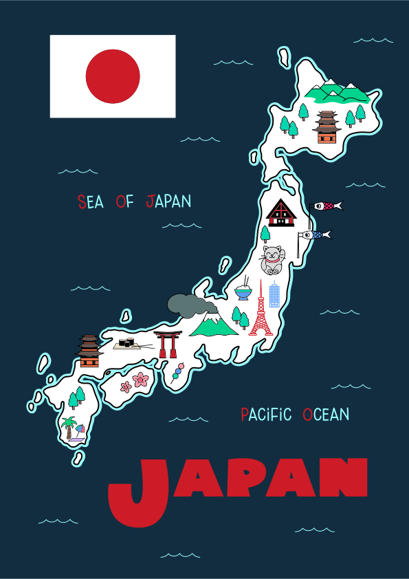 A map of japan with a flag on it