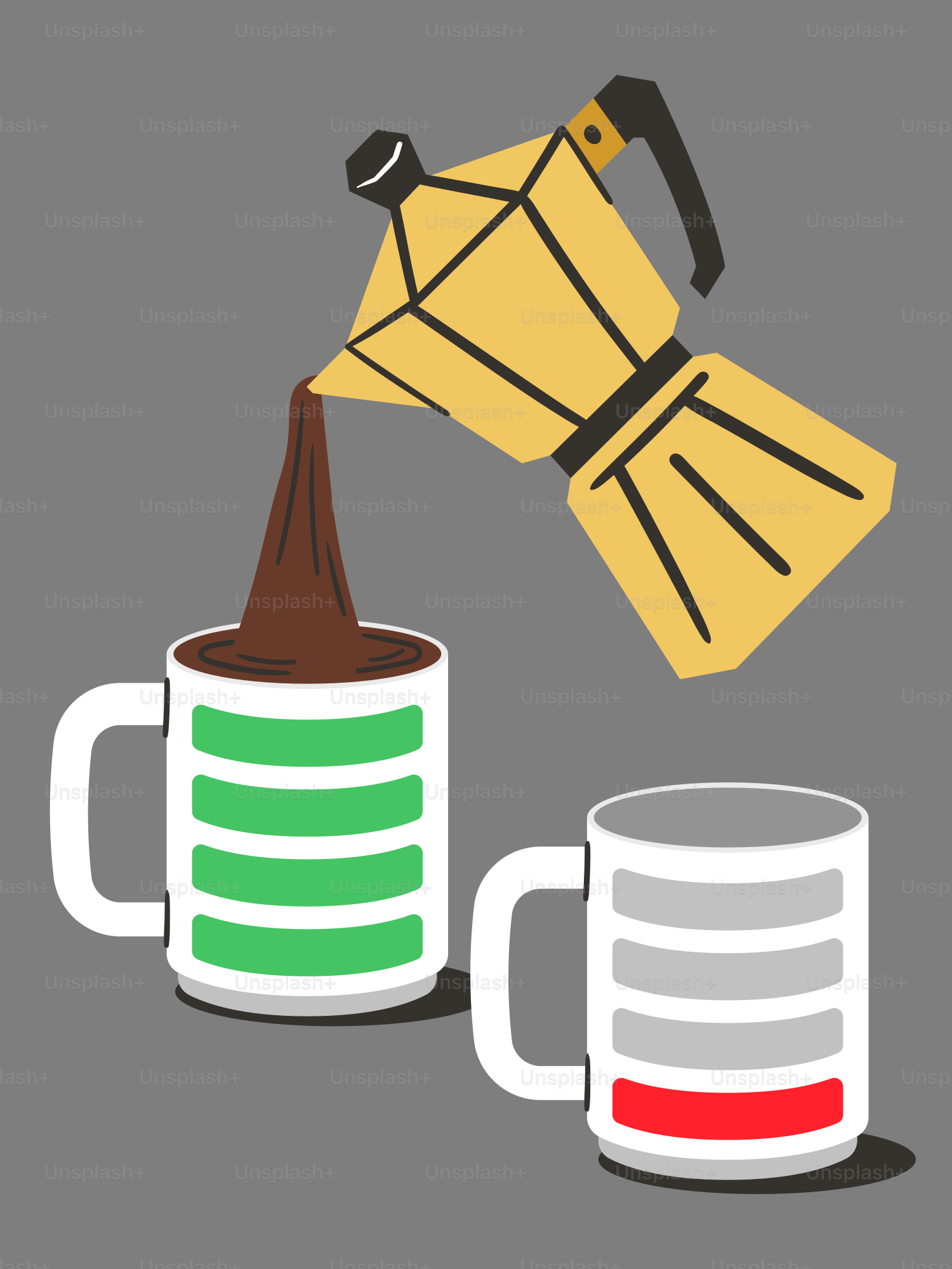 A coffee maker pouring coffee into two mugs