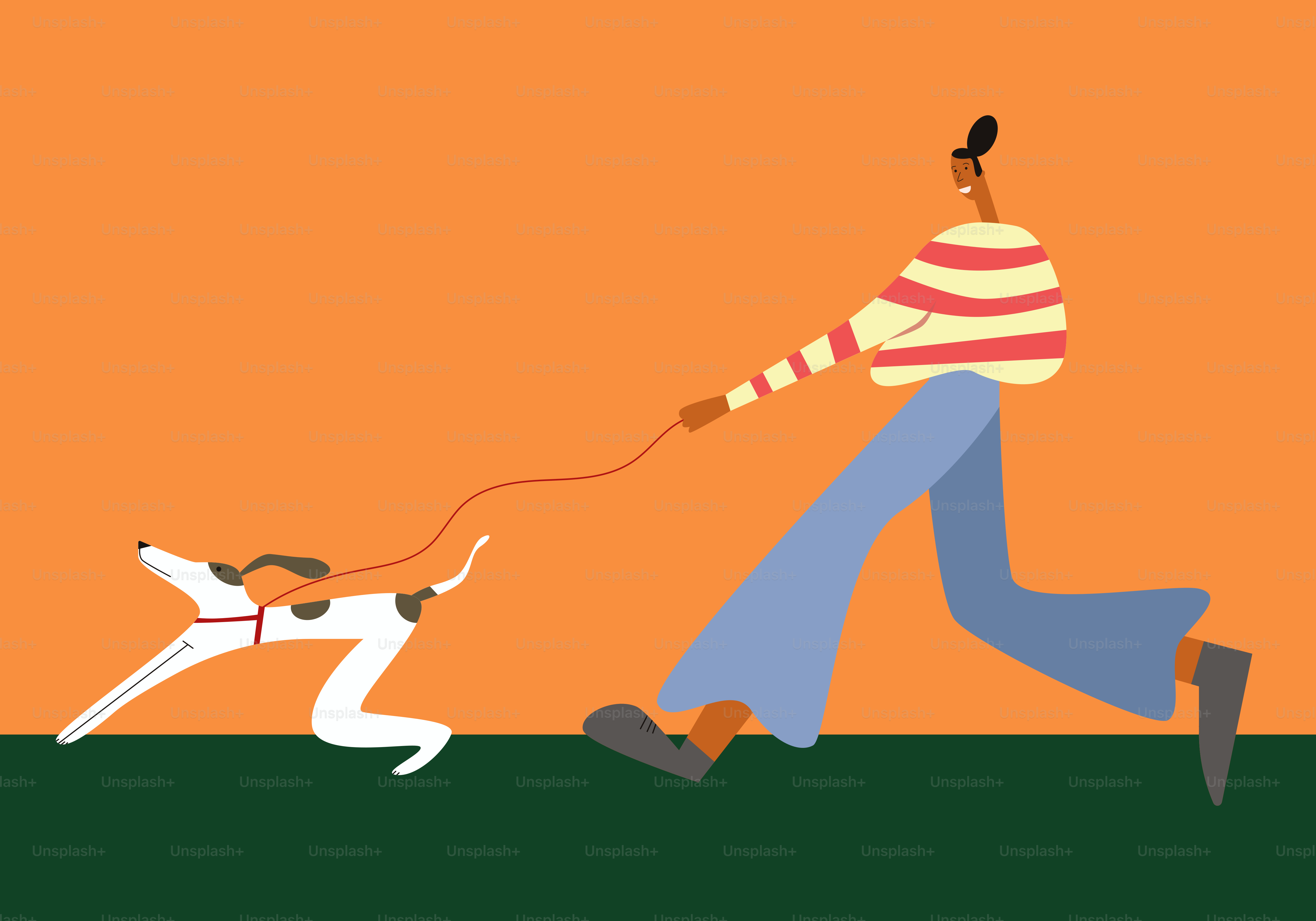 A woman walking a dog on a leash