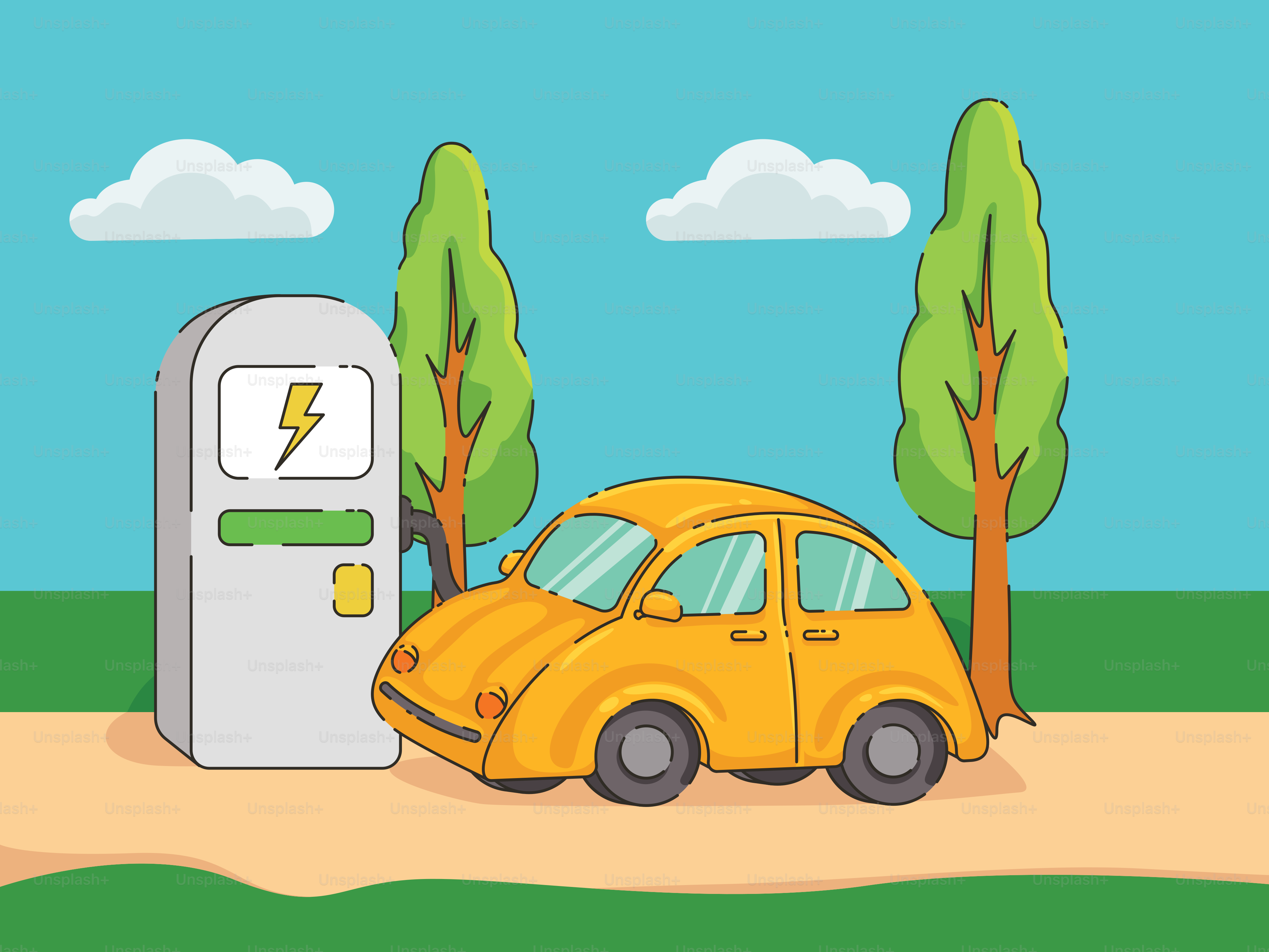 A yellow car is parked in front of a gas pump