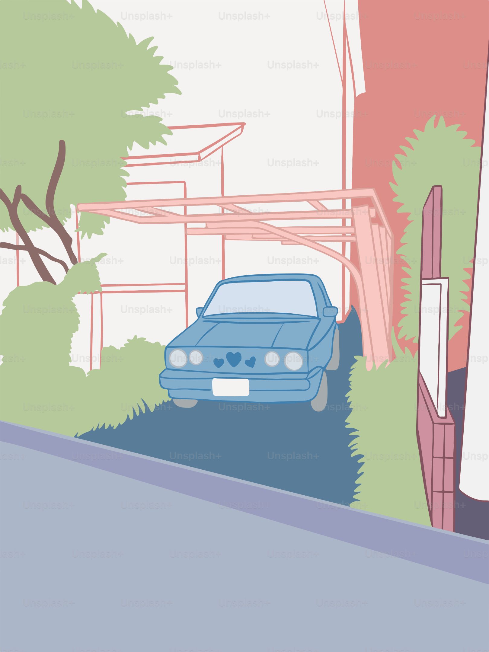 A blue car driving down a street next to a tall building