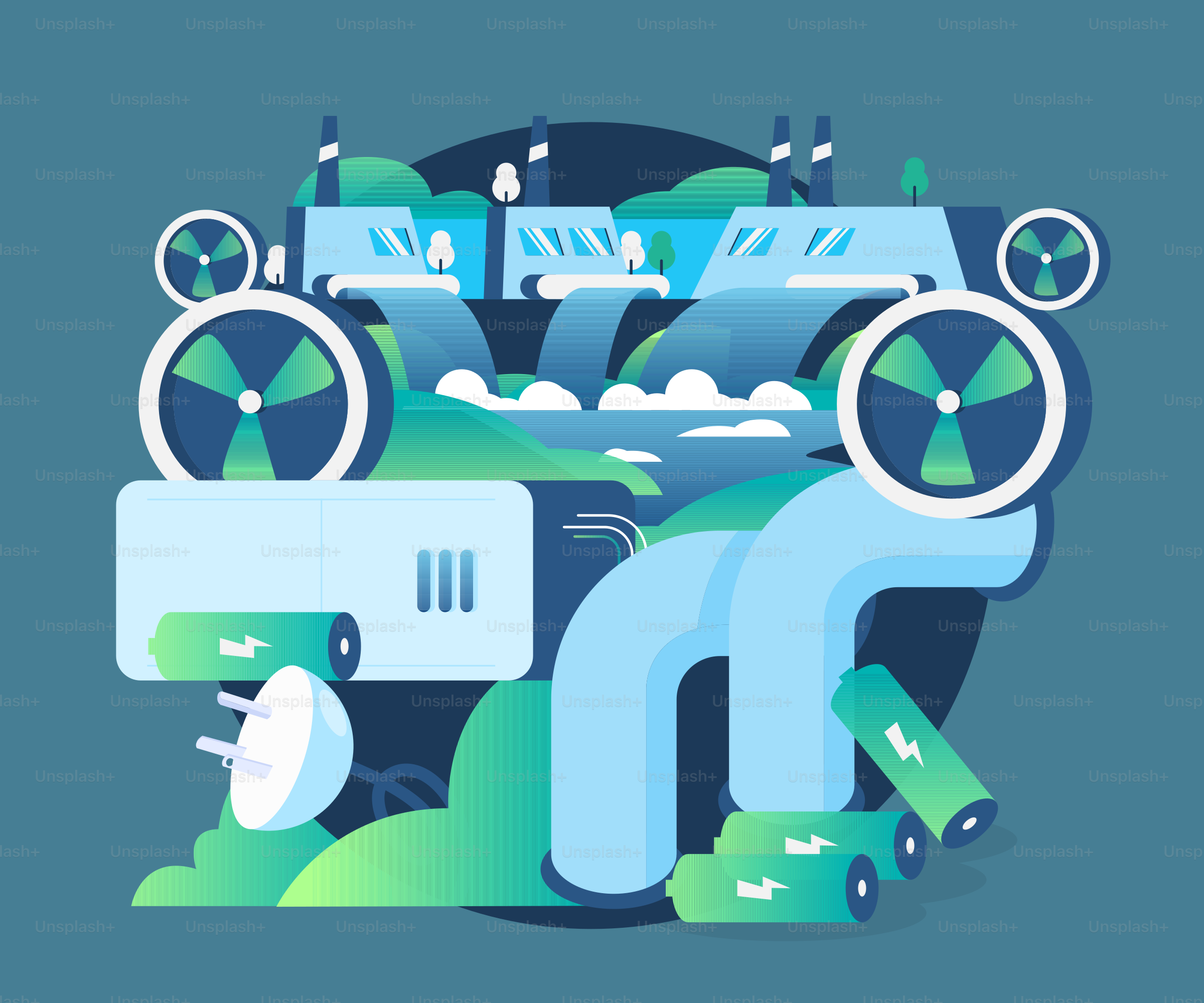 Une illustration bleue et verte d’une voiture