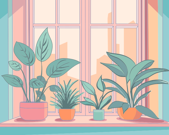 Eine Fensterbank voller Topfpflanzen neben einem Fenster